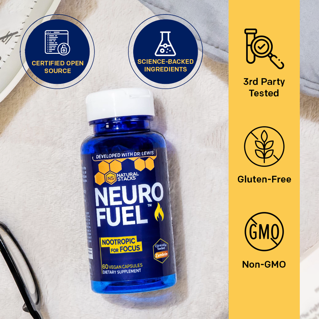 Bottle of NeuroFuel on white backround with certification labels
