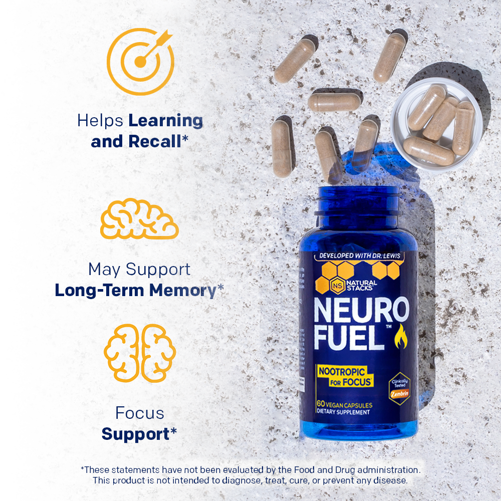 Bottle of NeuroFuel displayed on a white textured background with loose capsules out of bottle and inside the bottle cap, alongside claim text
