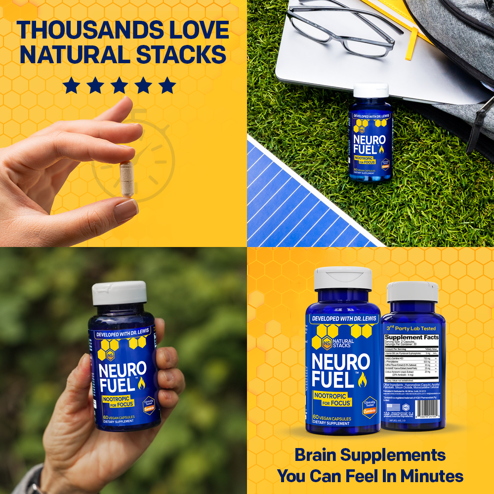 NeuroFuel displayed across four different lifestyle background settings: a hand holding the supplement bottle, the bottle placed on grass alongside student supplies, a person holding a capsule