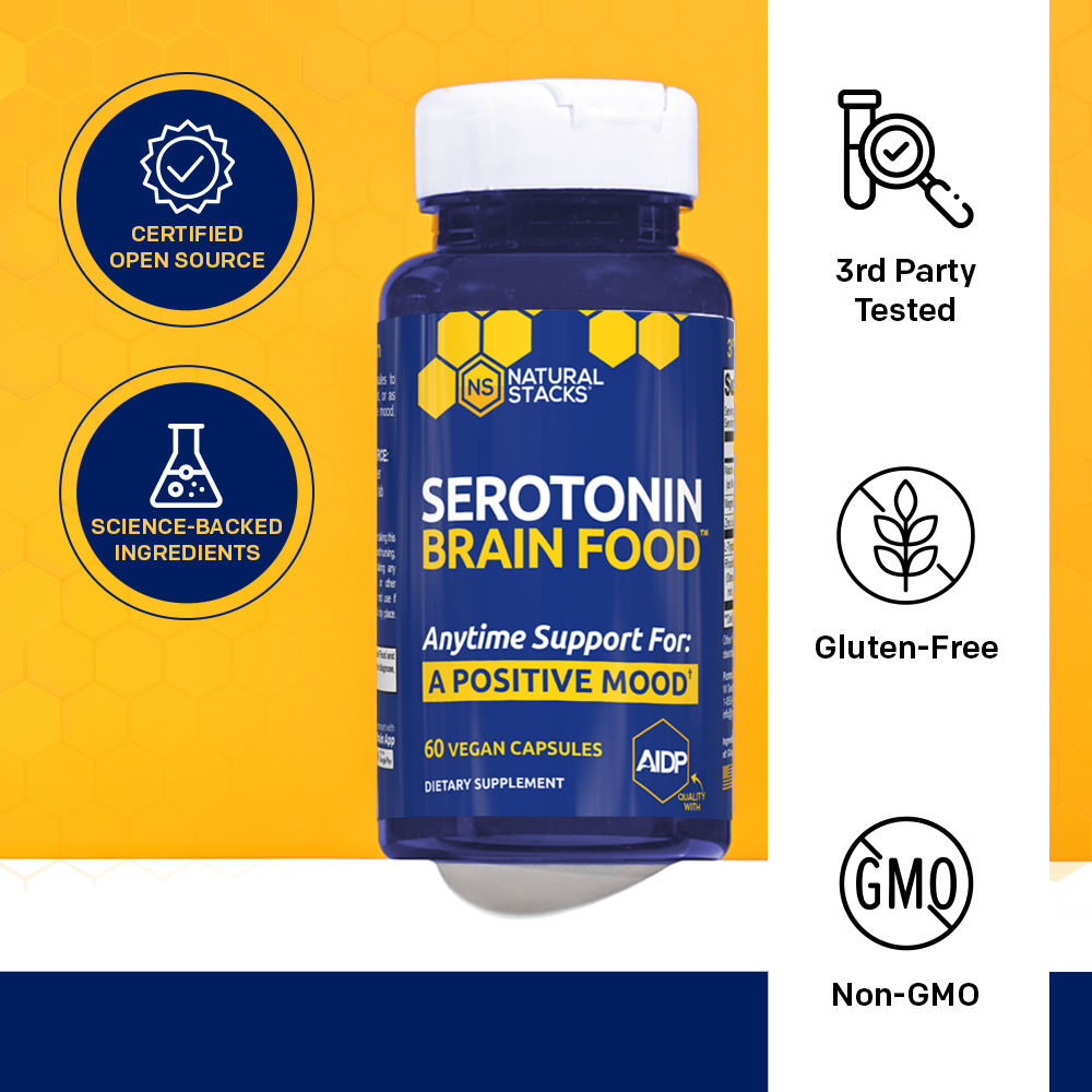 Bottle of Serotonin Brain Food with yellow, blue and white background and certification labels