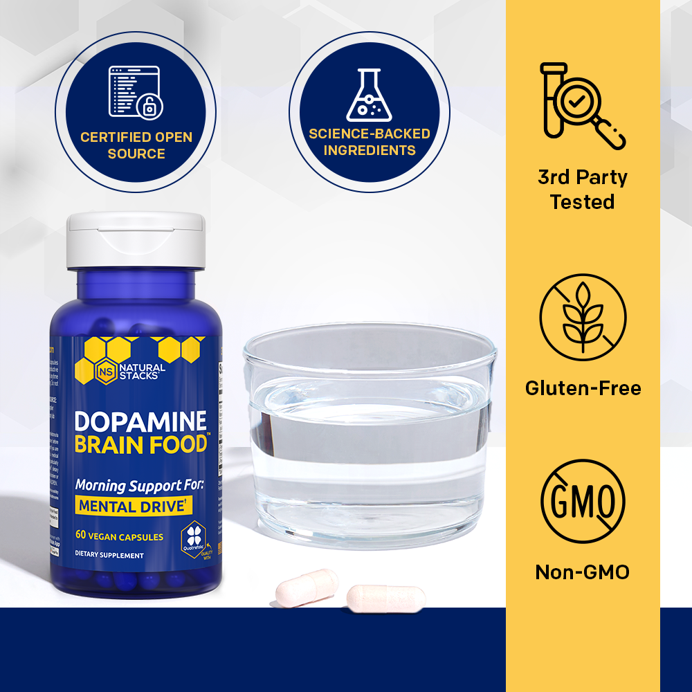 Dopamine Brain Food with certification labels and glass of water on a white and blue background