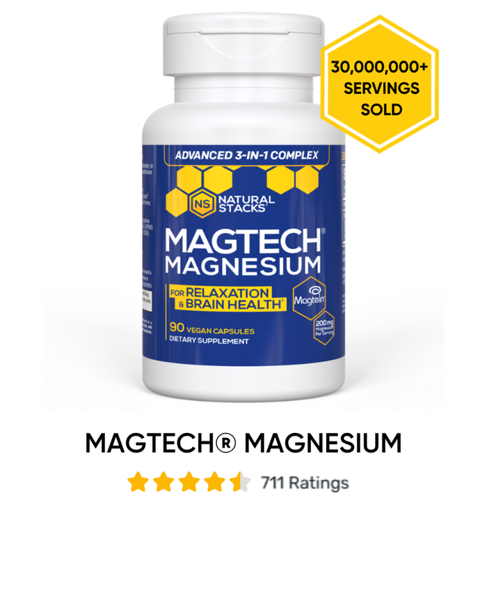 Bottle of Magtech Magnesium with a “Serving Sold” sticker placed on the top right corner of the image and wording at the bottom