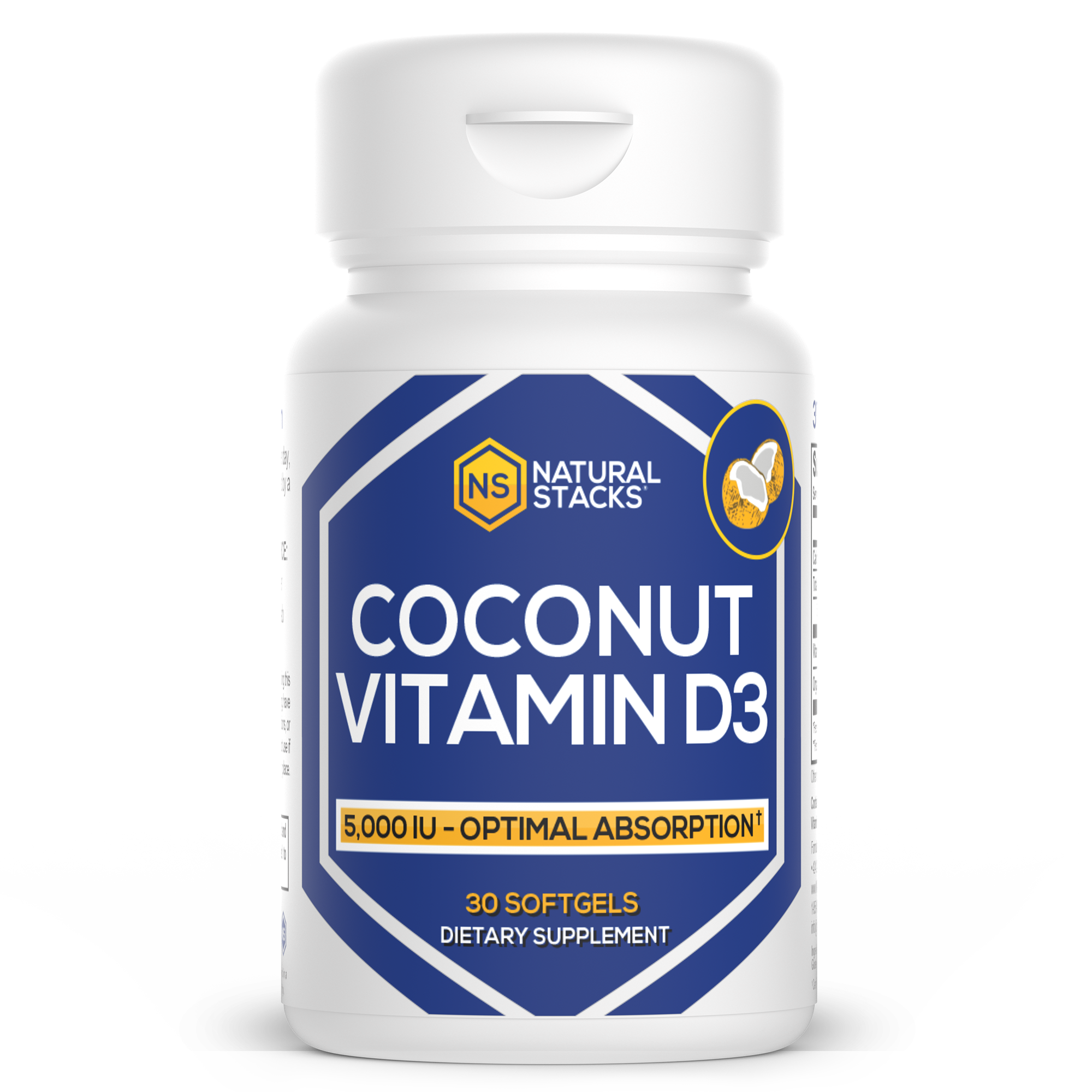 A bottle of Natural Stacks Coconut Vitamin D3 dietary supplement.