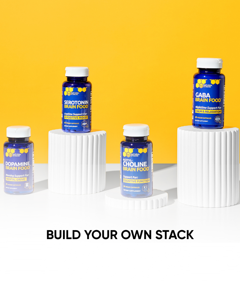 Supplement bottles on a white and yellow background with text 'Build Your Own Stack'.