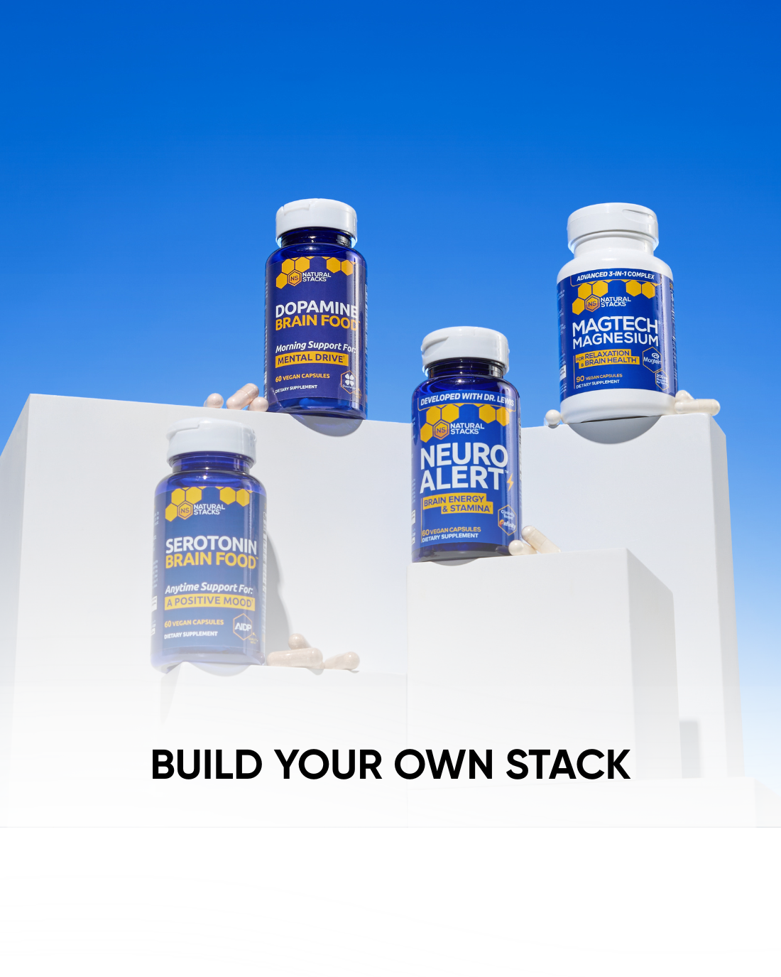 Five bottles of NeuroSupps supplements on a white platform with a blue sky background.