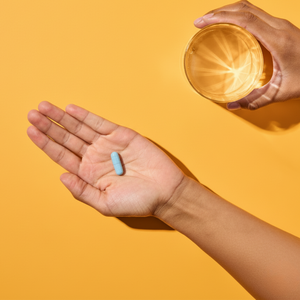 Hand holding a blue pill with a container on an orange background