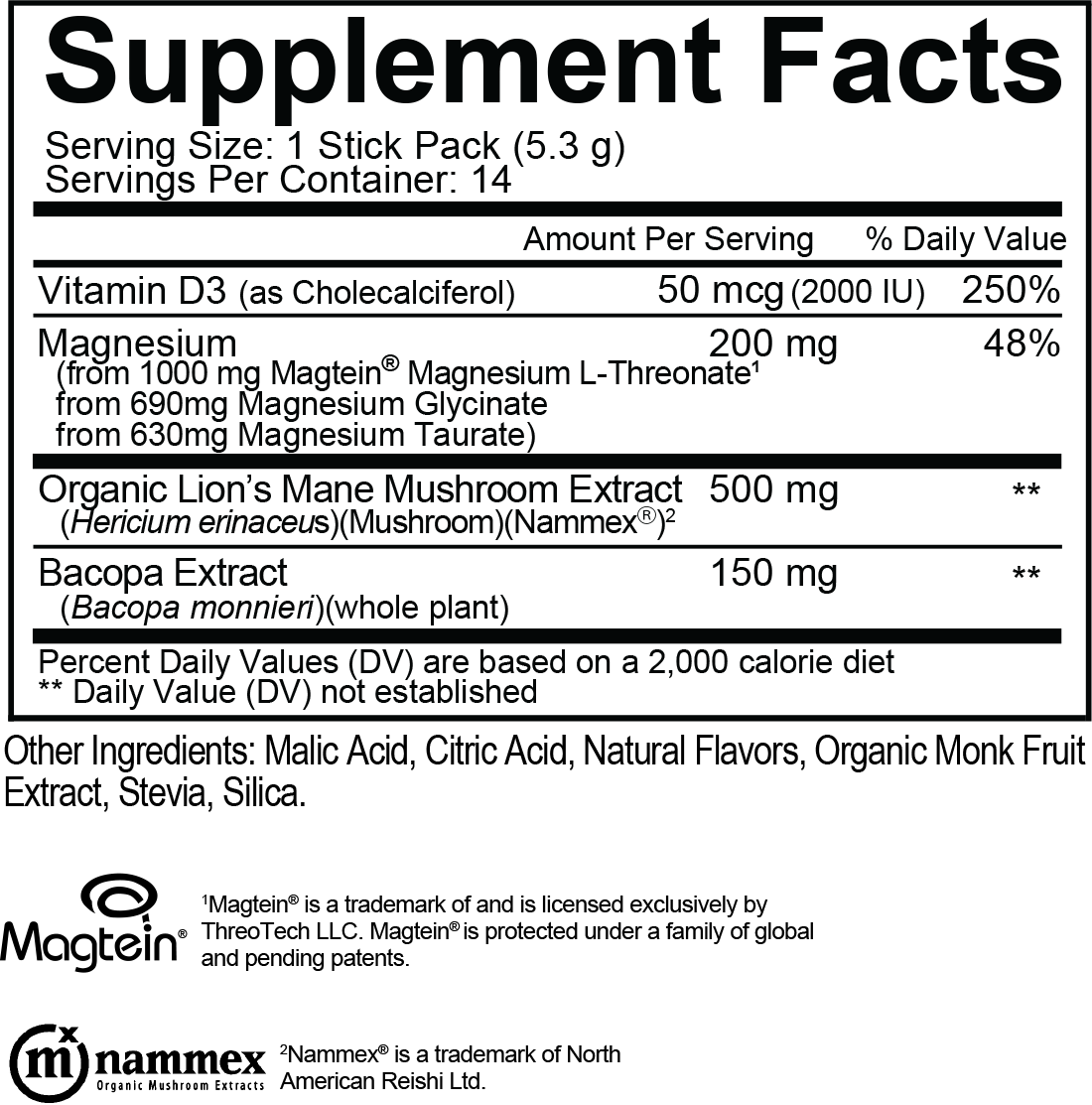 Supplement facts label with detailed nutritional information on a white background