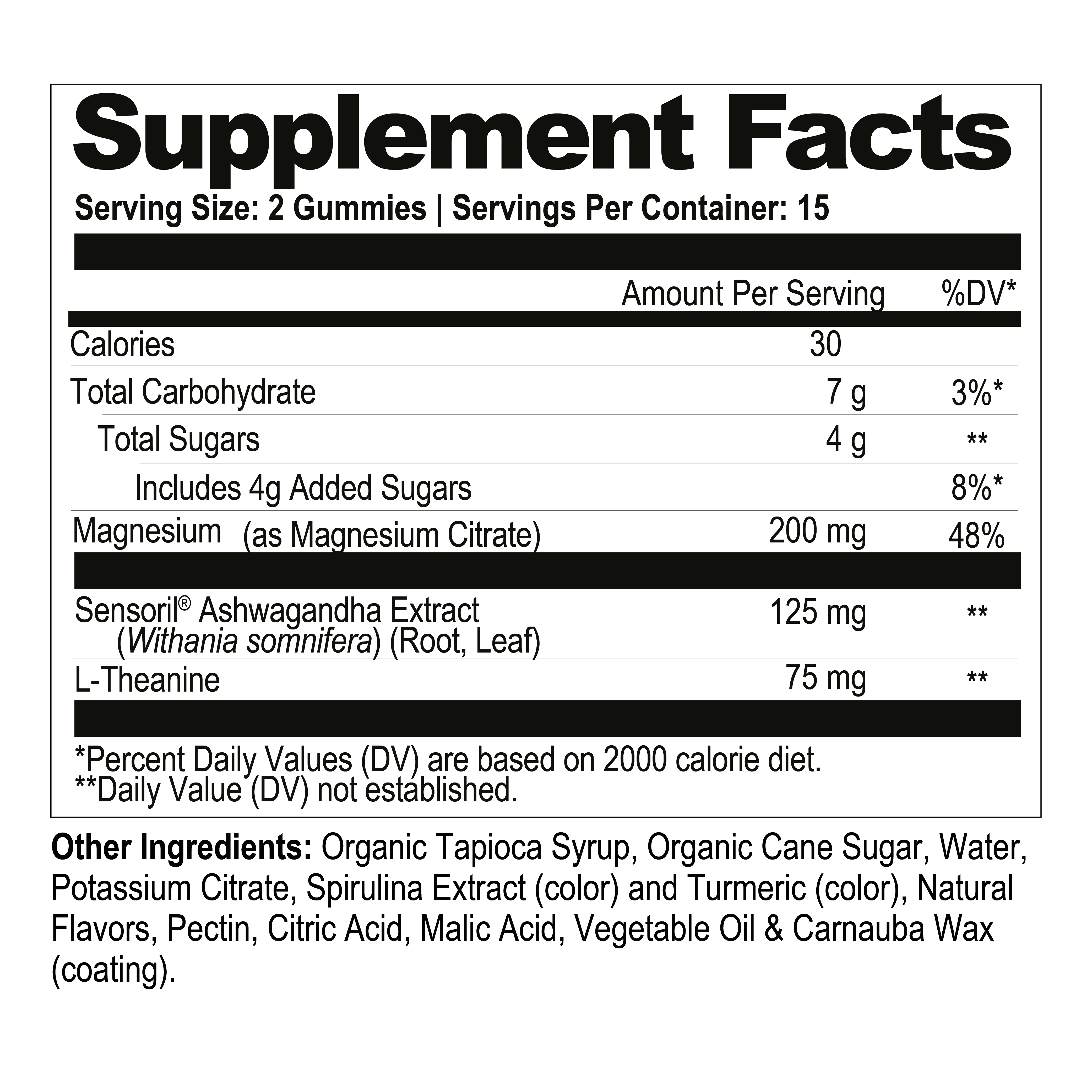 Supplement facts label for gummy vitamins with detailed nutritional information.