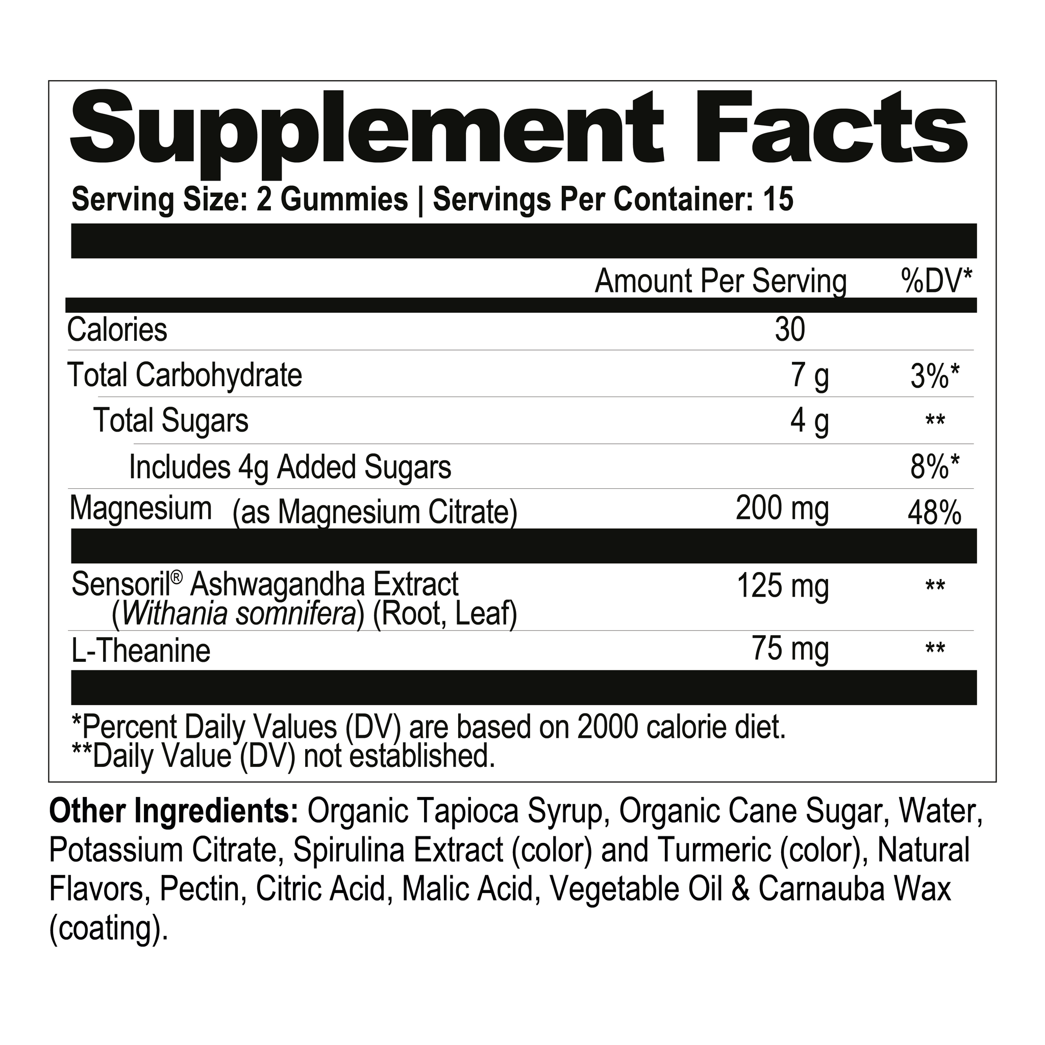 Supplement facts label for gummy vitamins with detailed nutritional information.