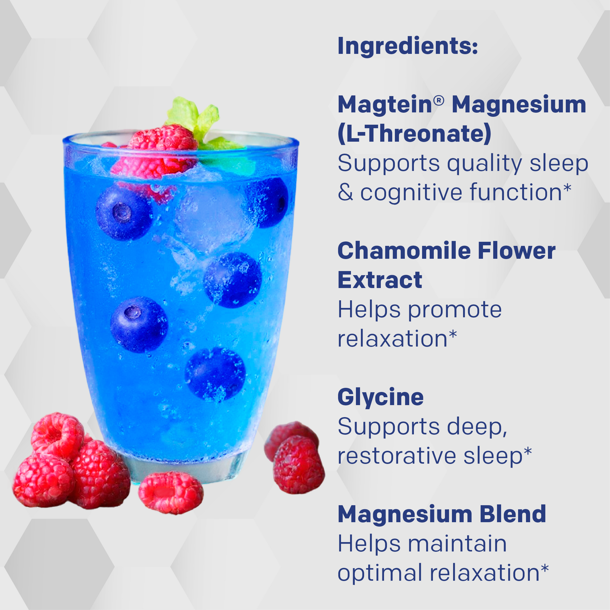 Blue drink with berries and text about ingredients on a geometric patterned background