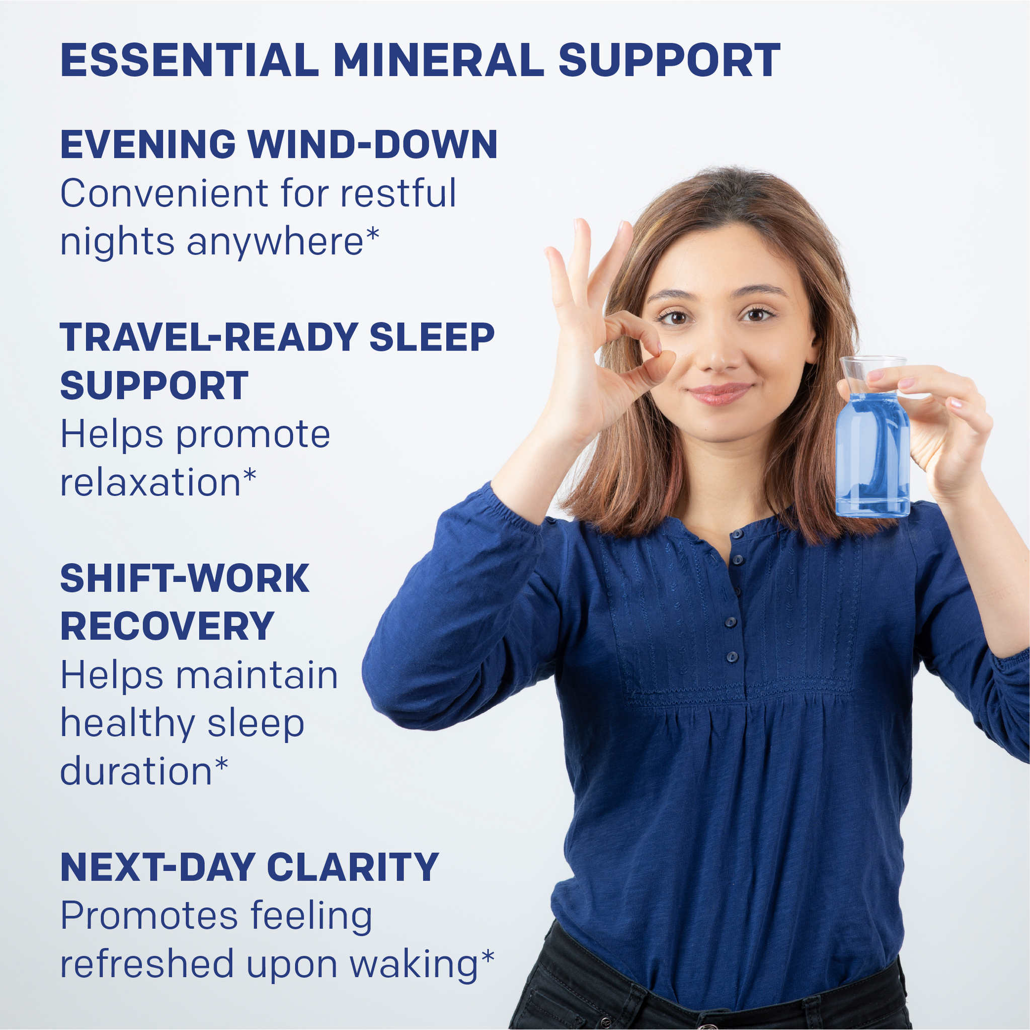 Woman holding a blue supplement bottle with text about essential mineral support on a white background