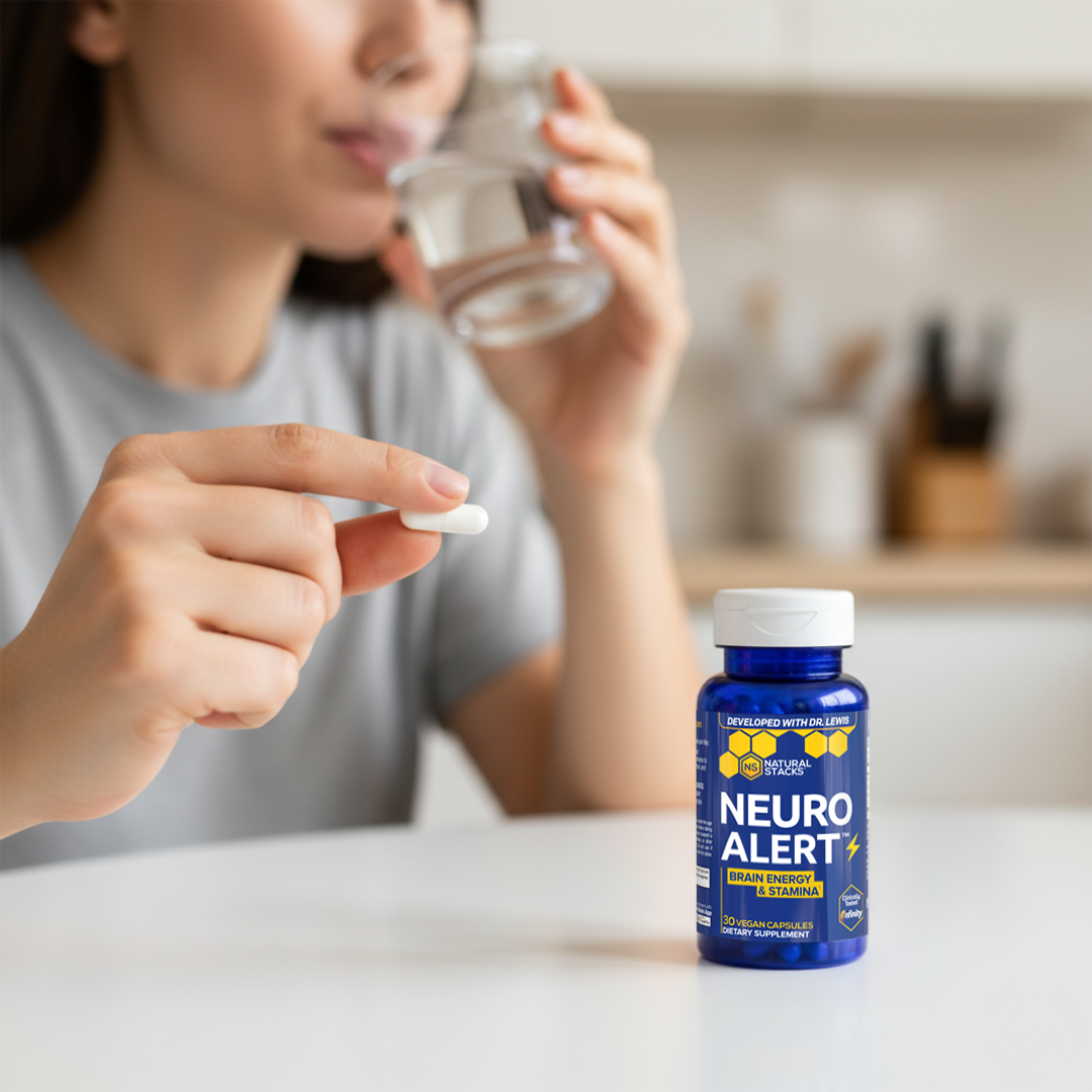 Person holding a supplement pill with a 'Neuro Alert' bottle in the foreground