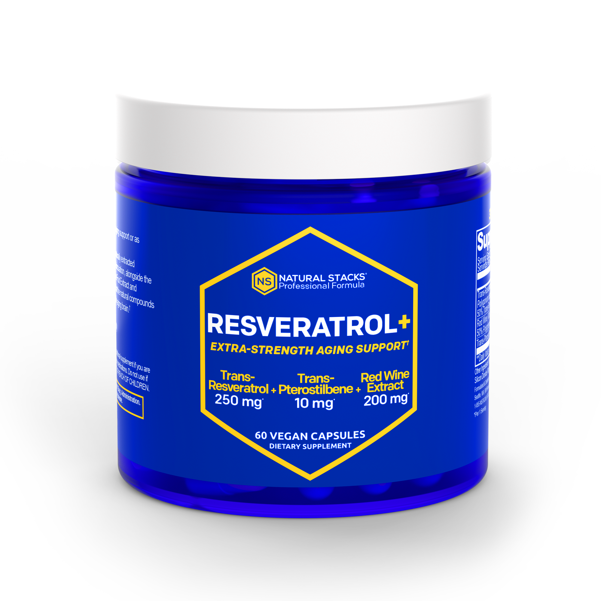 A blue bottle of Resveratrol+ extra-strength aging support supplement containing 60 vegan capsules, with a label detailing the ingredients and benefits.