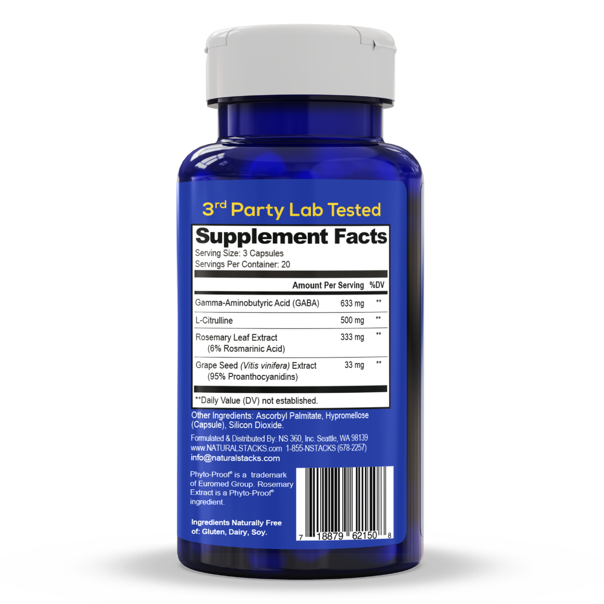 Back of a bottle with Supplement facts and product ingredients