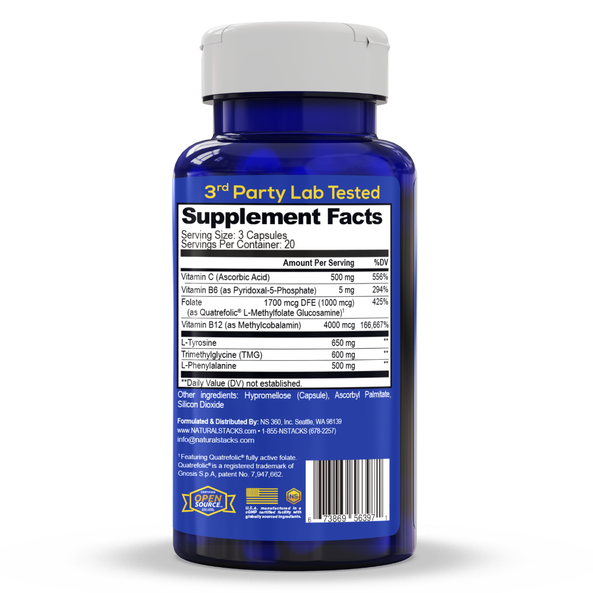 Back of a bottle with Supplement facts and product ingredients