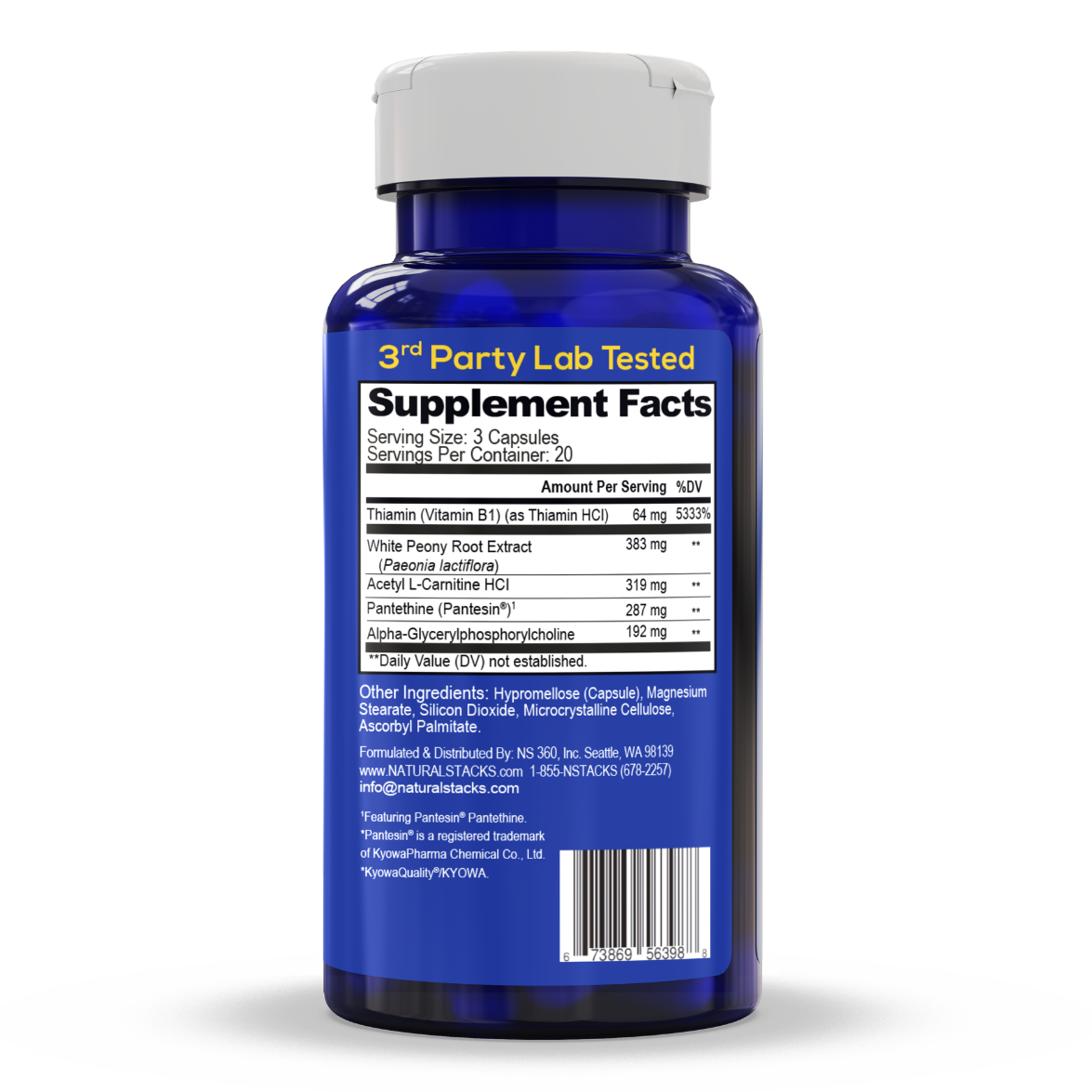 Back of a bottle with Supplement facts and product ingredients