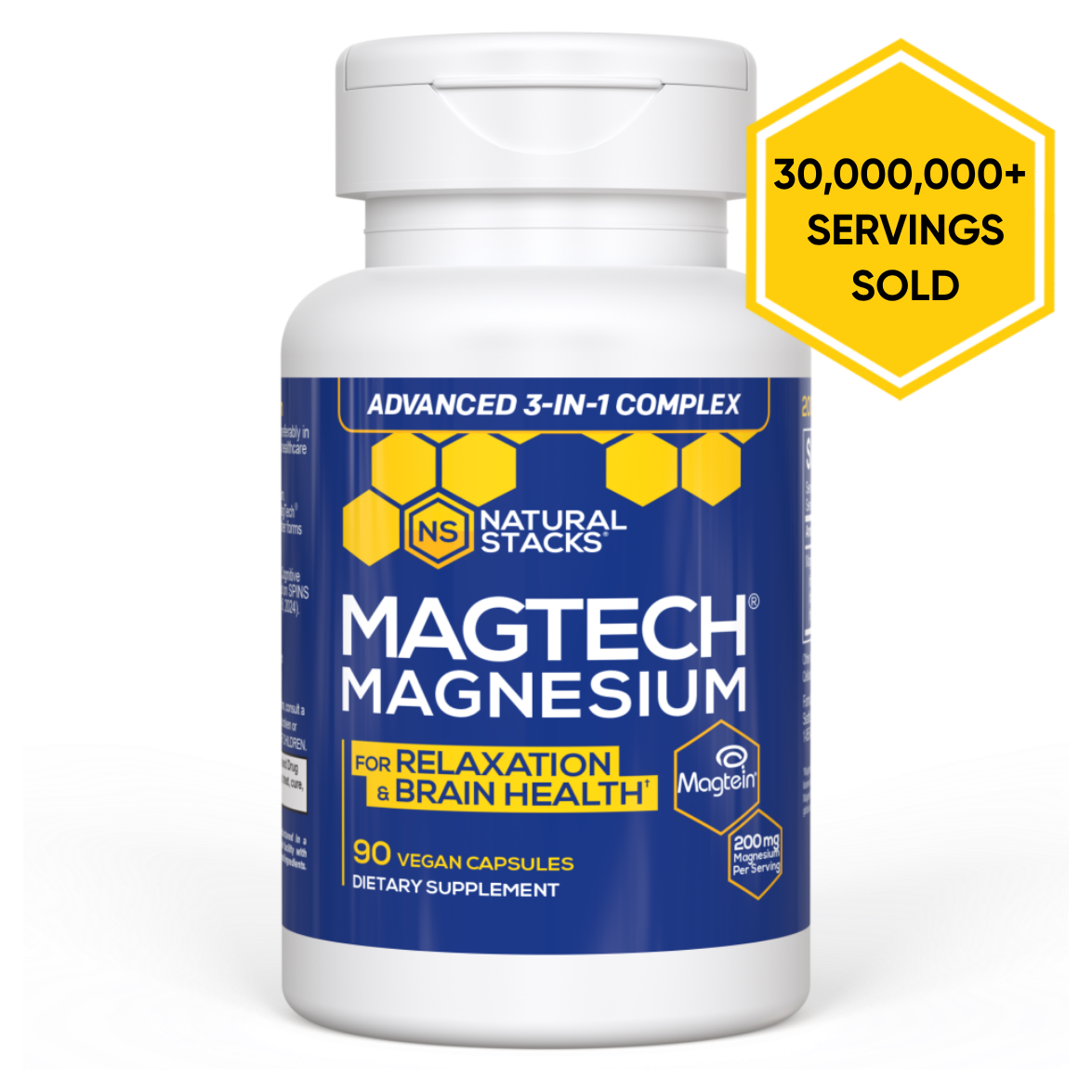 Bottle of Natural Stacks MagTech Magnesium Complex supplement for relaxation and brain health.