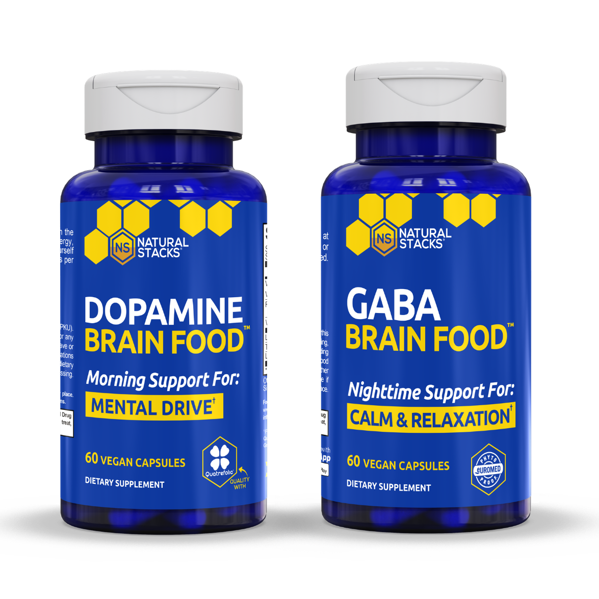 Bottle of Dopamine Brain Food and bottle of GABA Brain Food placed side by side