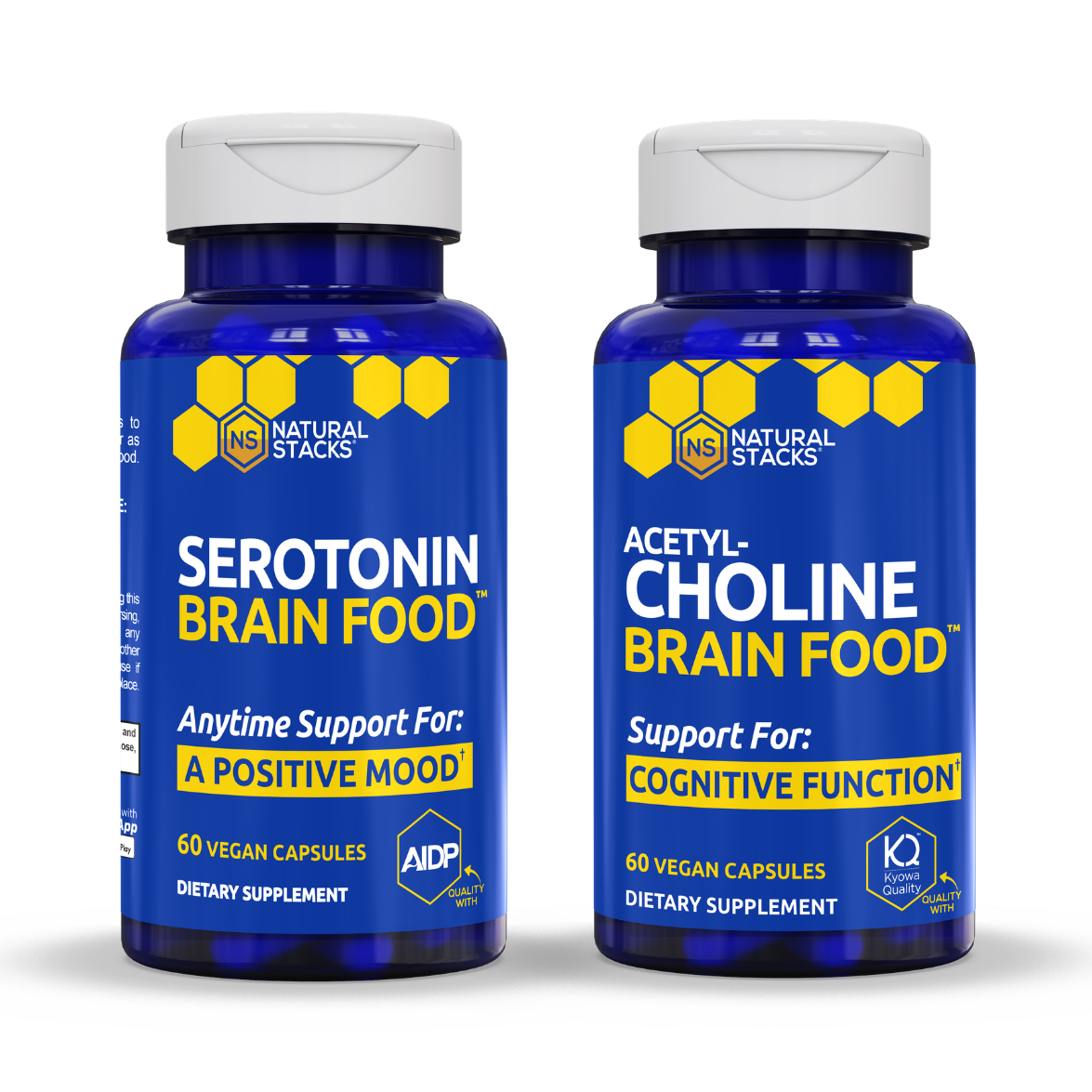 Bottle of Serotonin Brain Food and bottle of Acetycholine Brain Food placed side by side
