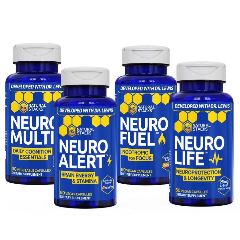 Four supplement bottles, NeuroMulti, NeuroAlert, NeuroFuel, and NeuroLife, displayed together.