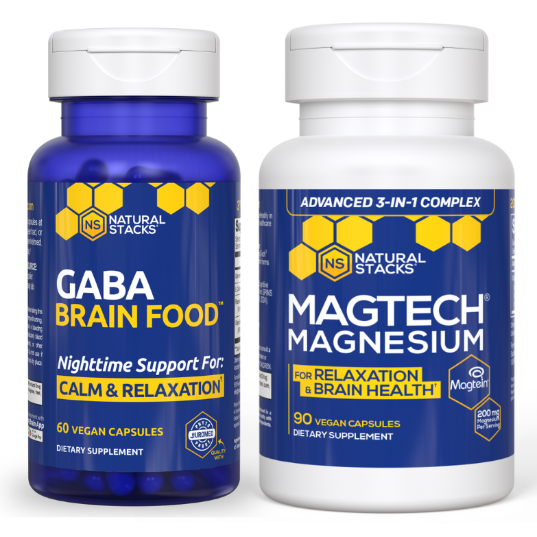 Two bottles of supplement capsules, one labeled 'GABA Brain Food' for calm and relaxation, and the other 'MAGTECH Magnesium' for brain health, both with blue and yellow label design.