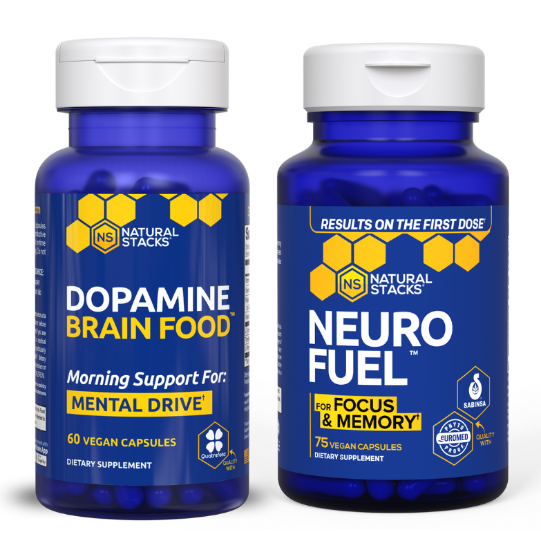 Two blue bottles of dietary supplements, one labeled 'Dopamine Brain Food' with 60 vegan capsules for mental drive, and the other 'NEURO FUEL' with 75 vegan capsules for focus and memory.