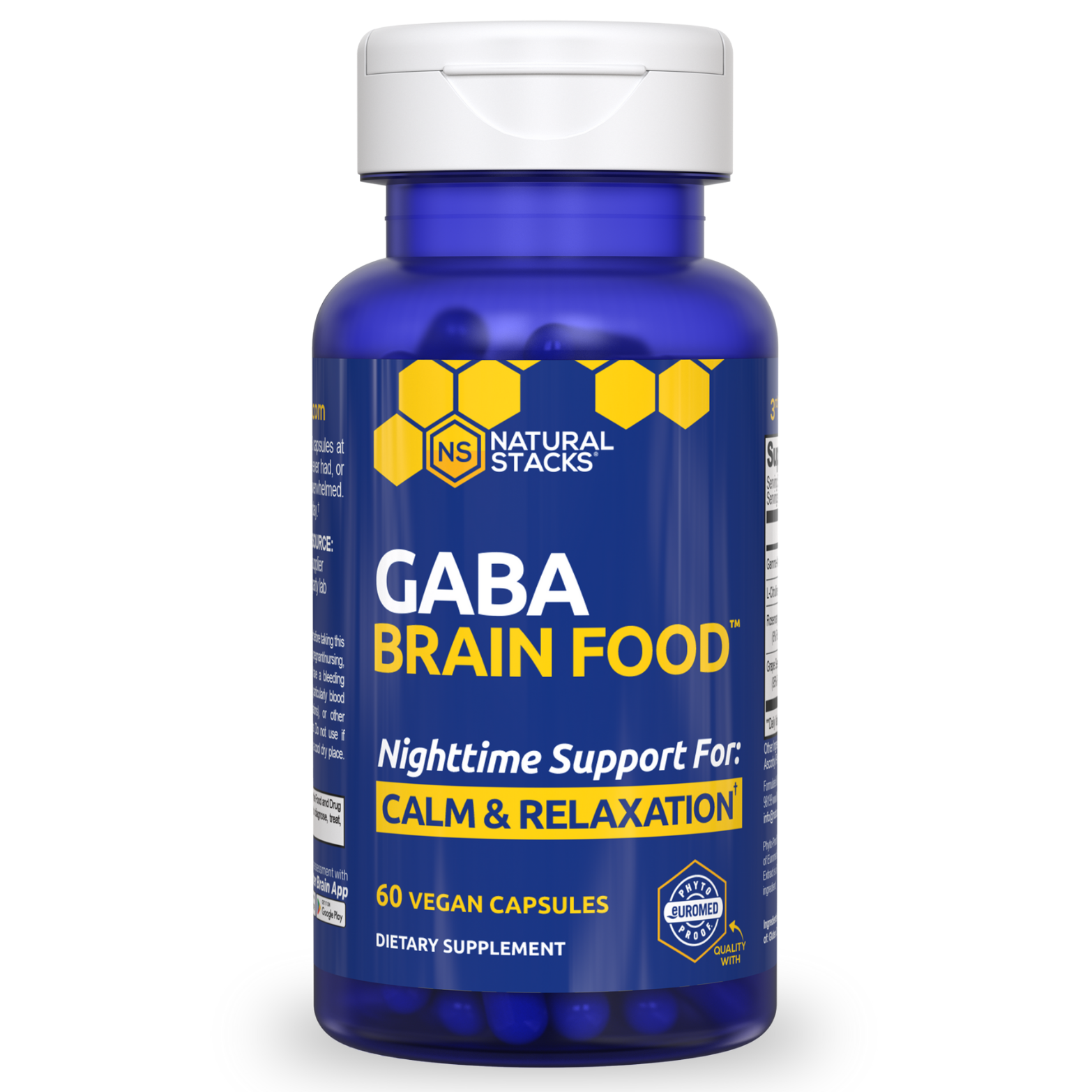 Bottle of Natural Stacks GABA Brain Food, labeled for calm and relaxation with 60 vegetarian capsules.