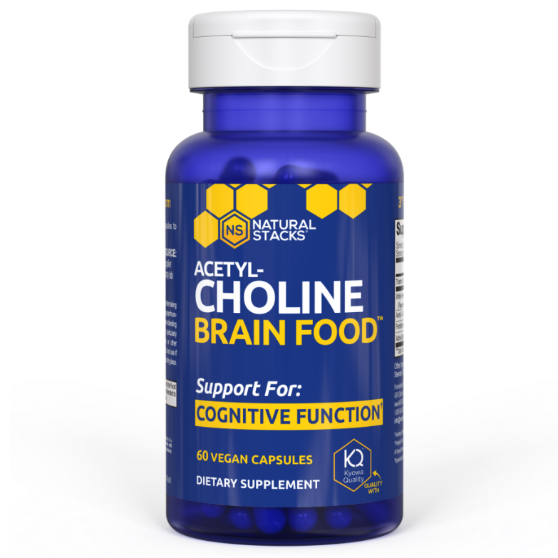 Bottle of Acetylcholine Brain Food dietary supplement for mental clarity by Natural Stacks.