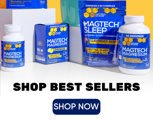 Magtech magnesium and sleep supplements on a white surface with a yellow background