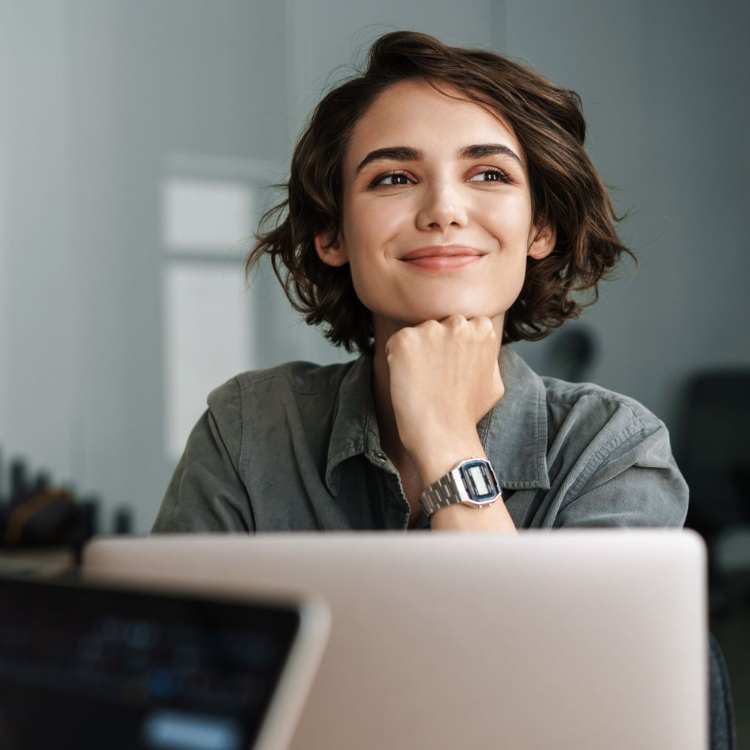 smiling women at computer