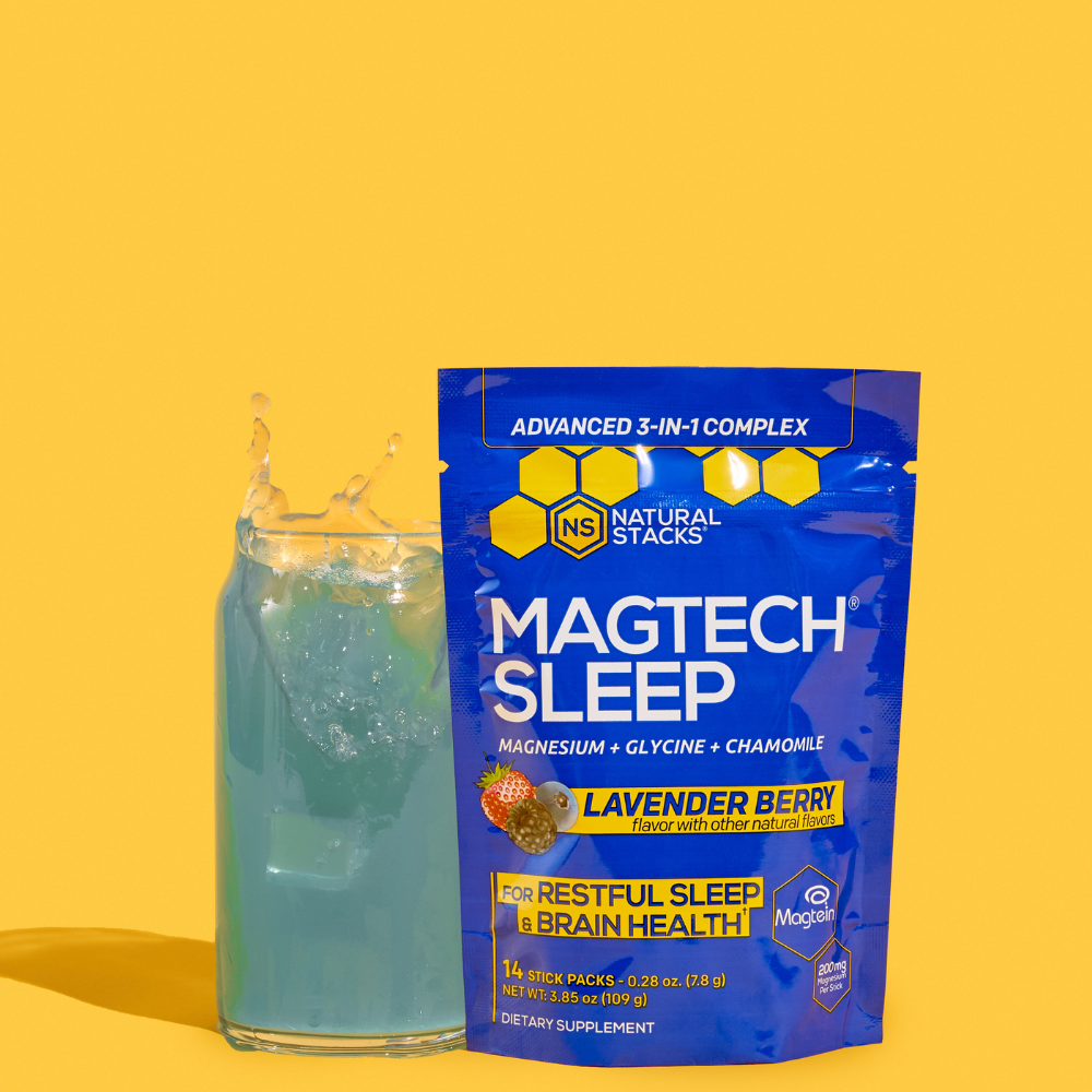 Blue package of Magtech Sleep supplement with a glass of blue liquid on a yellow background