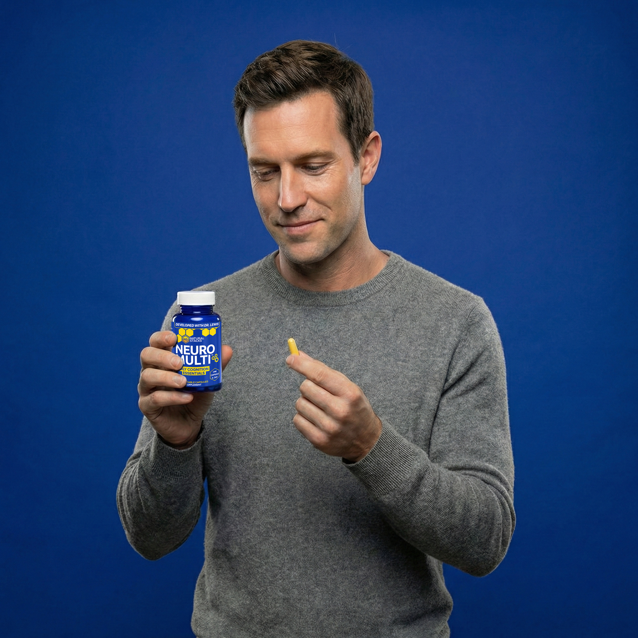 Man holding a bottle of Neuro Multi supplement against a blue background