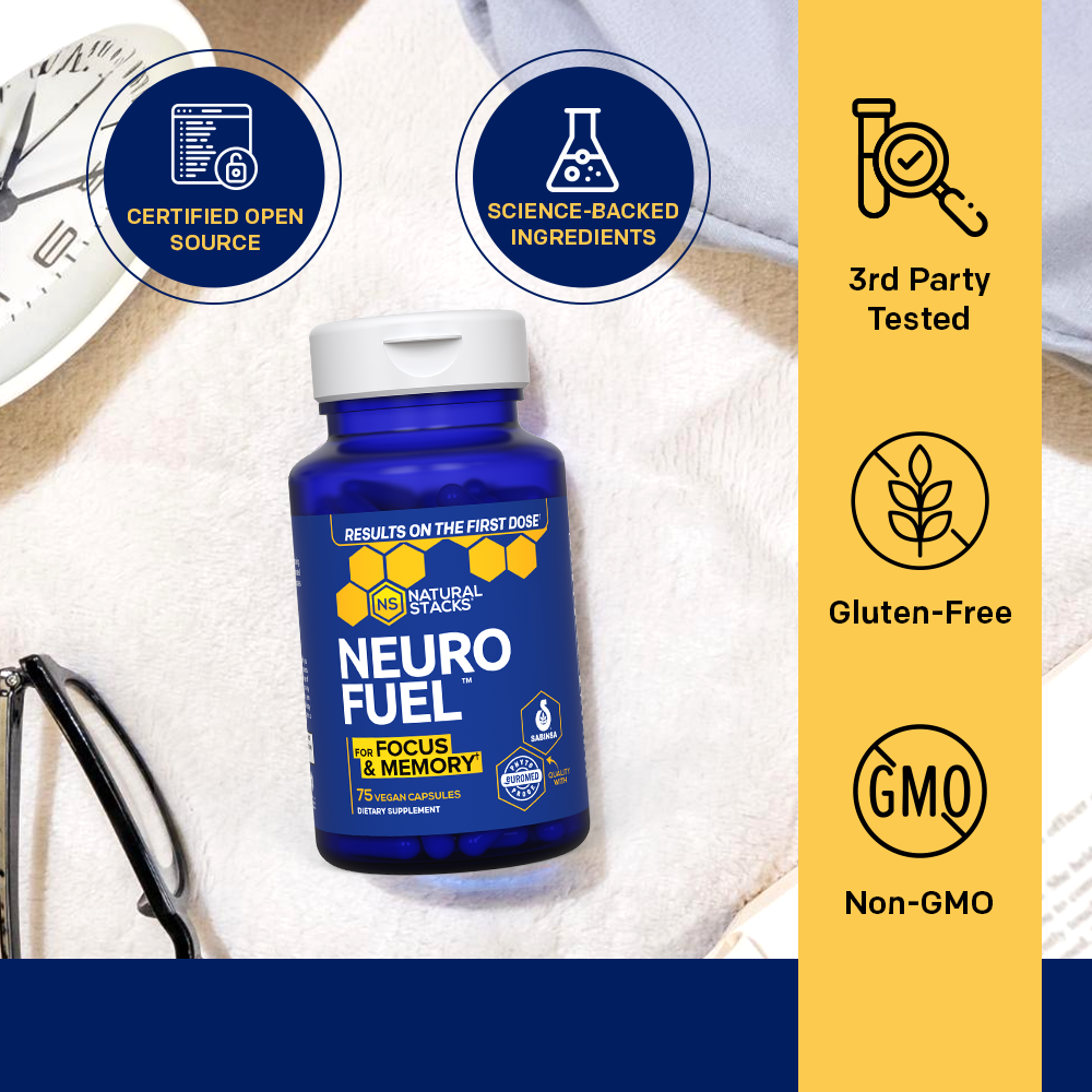 Bottle of Neurofuel on textured white cloth with certification labels