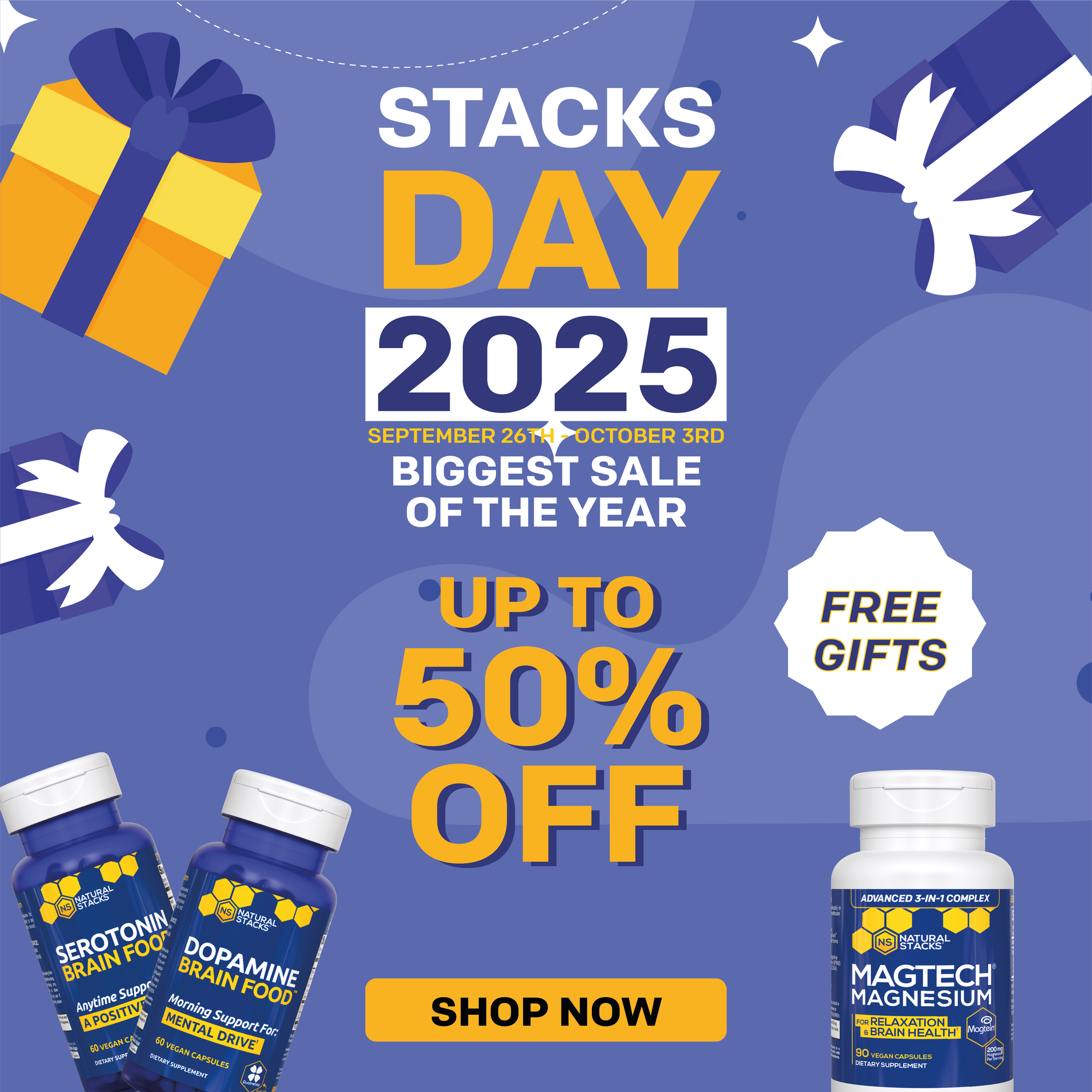 Promotional graphic for 'Stacks Day 2025' with vitamins, sale text, and gift elements on a blue background.