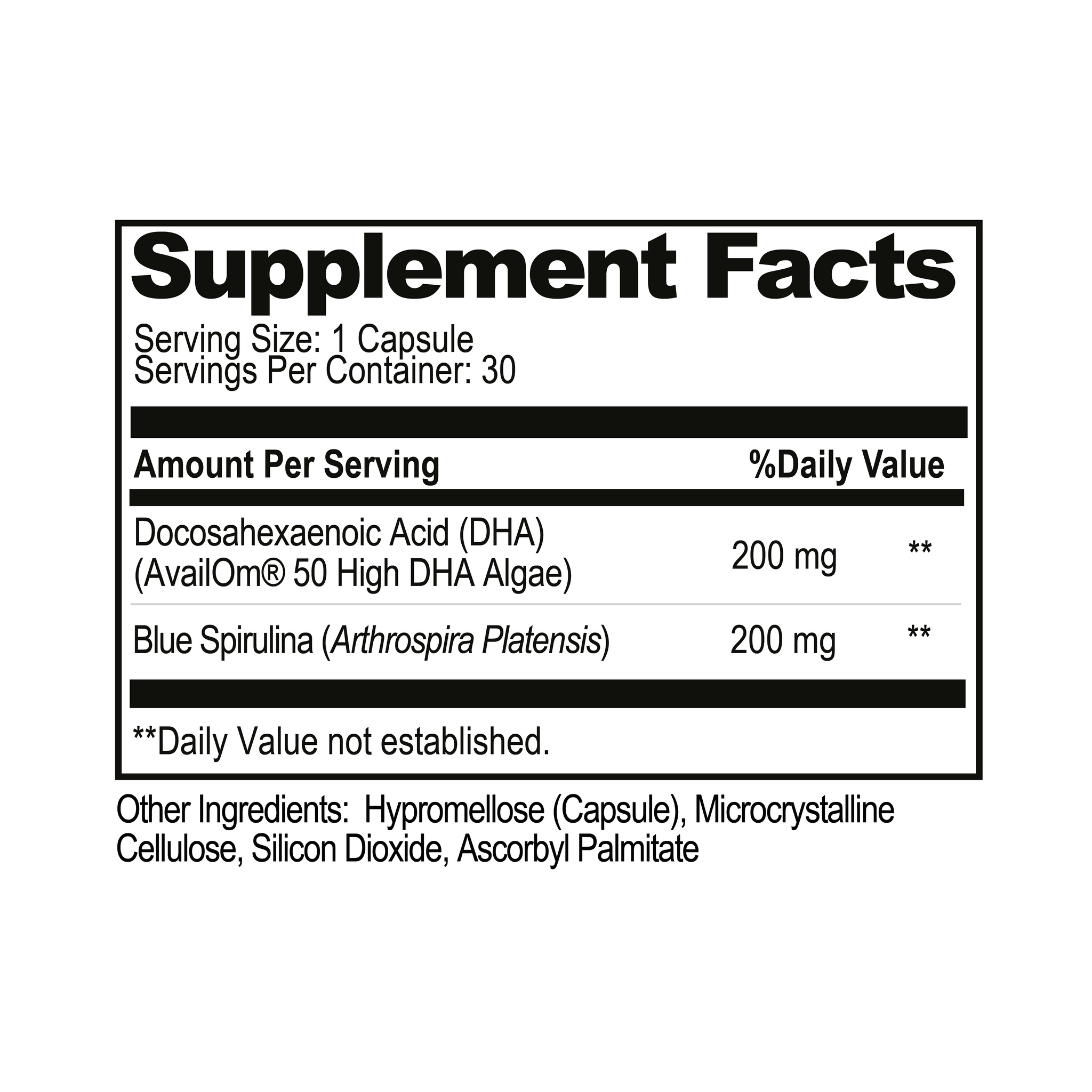 Supplement facts label with DHA and Blue Spirulina content on a white background