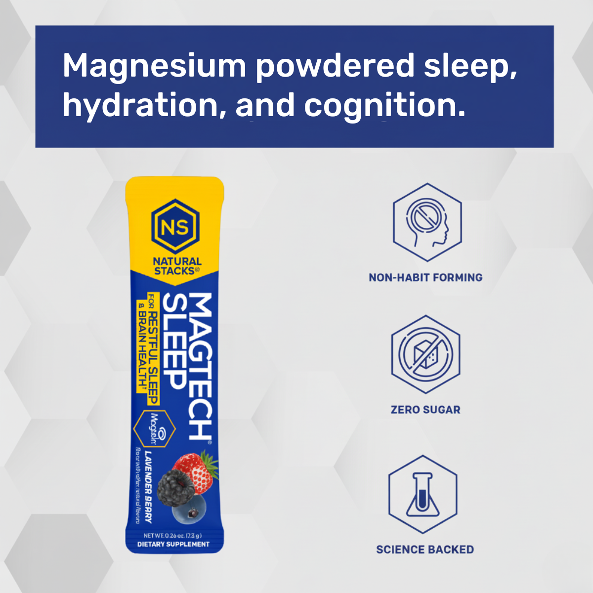 MagTech Sleep supplement package with branding and product features on a geometric patterned background