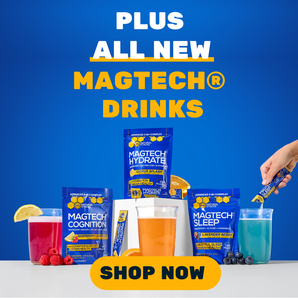 Magtech drinks packaging with colorful drinks and a 'Shop Now' button on a blue background