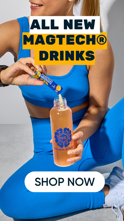 Person in blue athletic wear holding a bottle of Magtech drinks with promotional text.