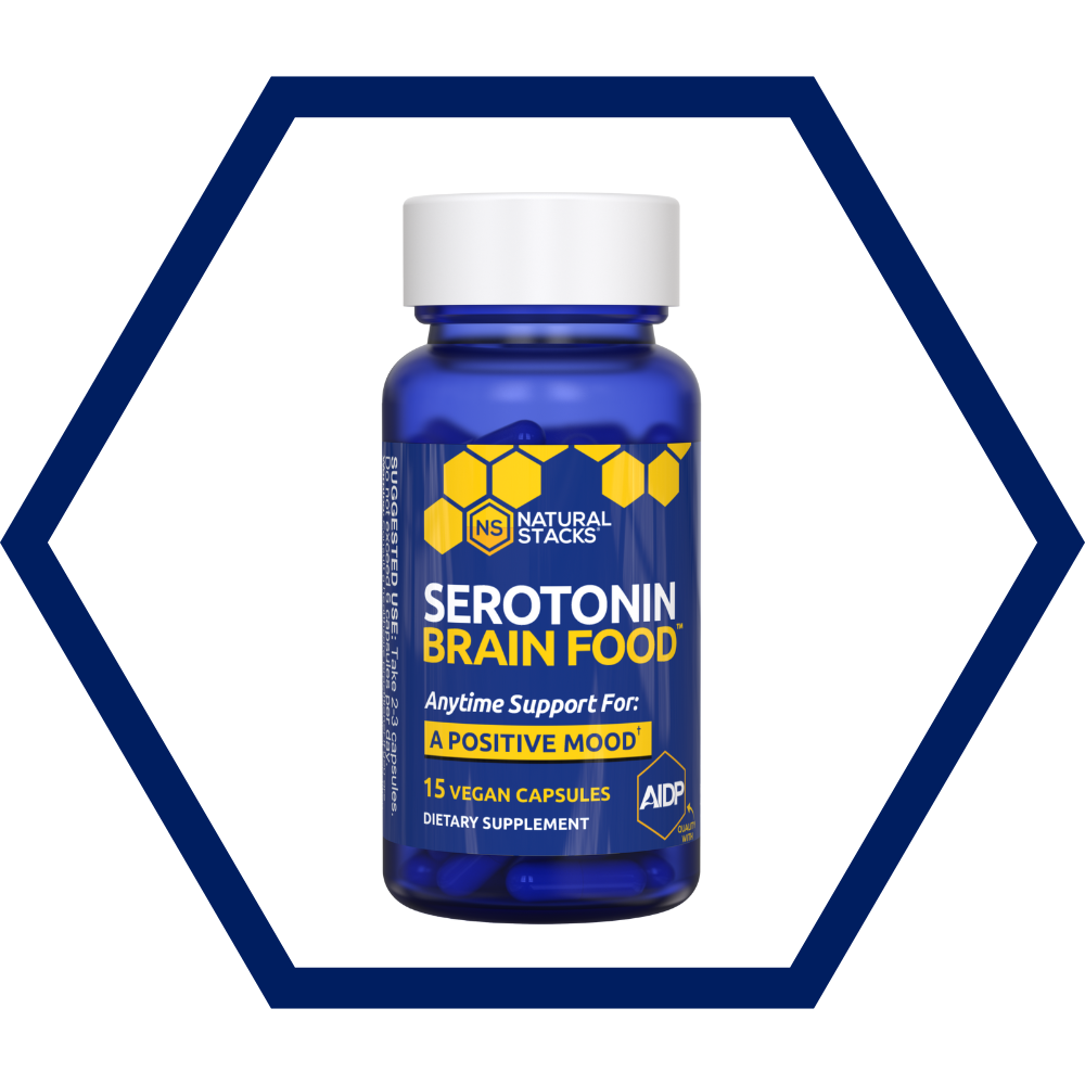 Blue supplement bottle labeled 'Serotonin Brain Food' by Natural Stacks on a white background.