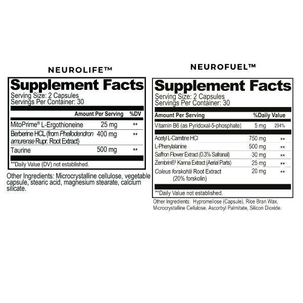NeuroLife and NeuroFuel supplement bottles displayed together.