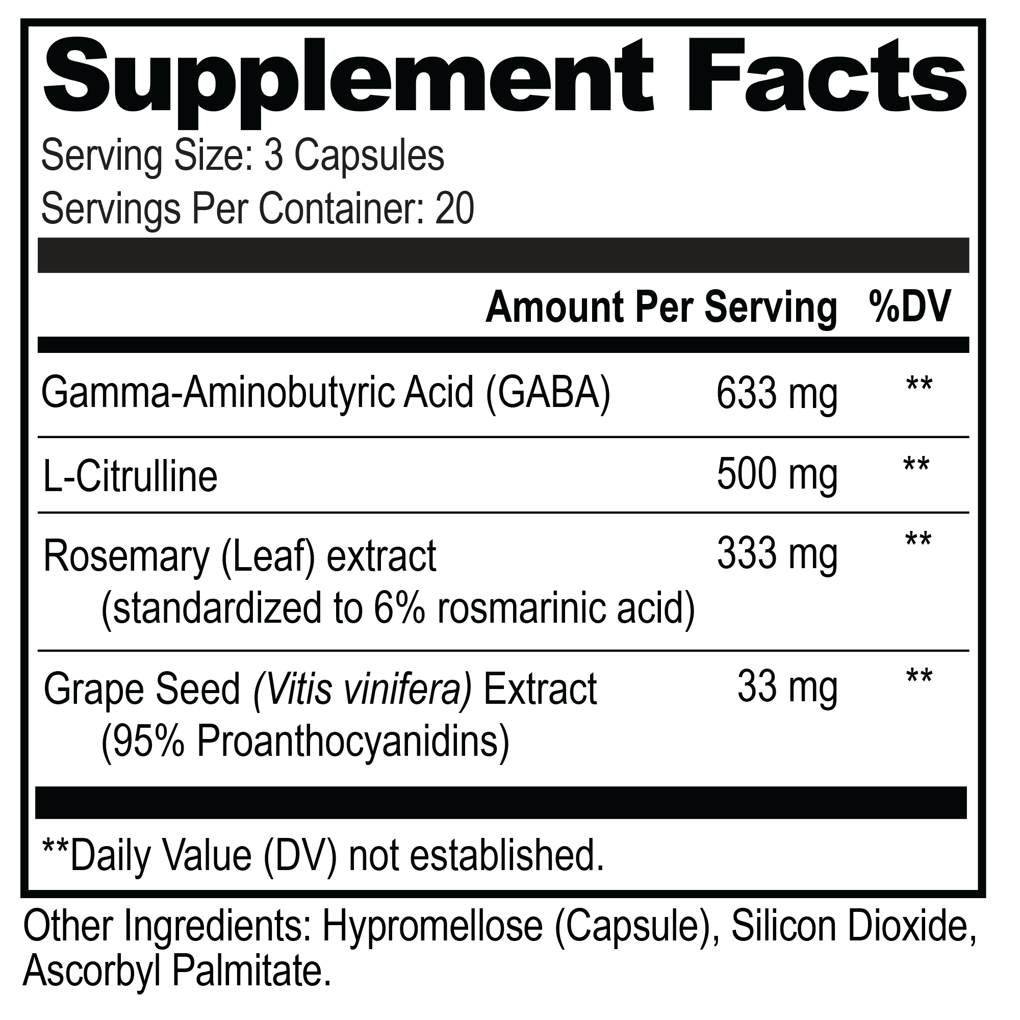 Supplement facts label with various ingredients and their amounts per serving.