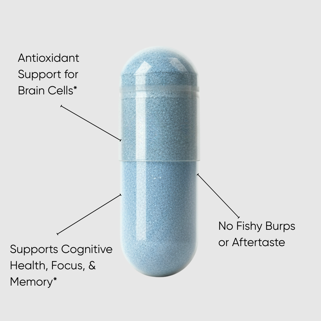 Blue capsule with text on antioxidant support, cognitive health, and no fishy burps on a light gray background