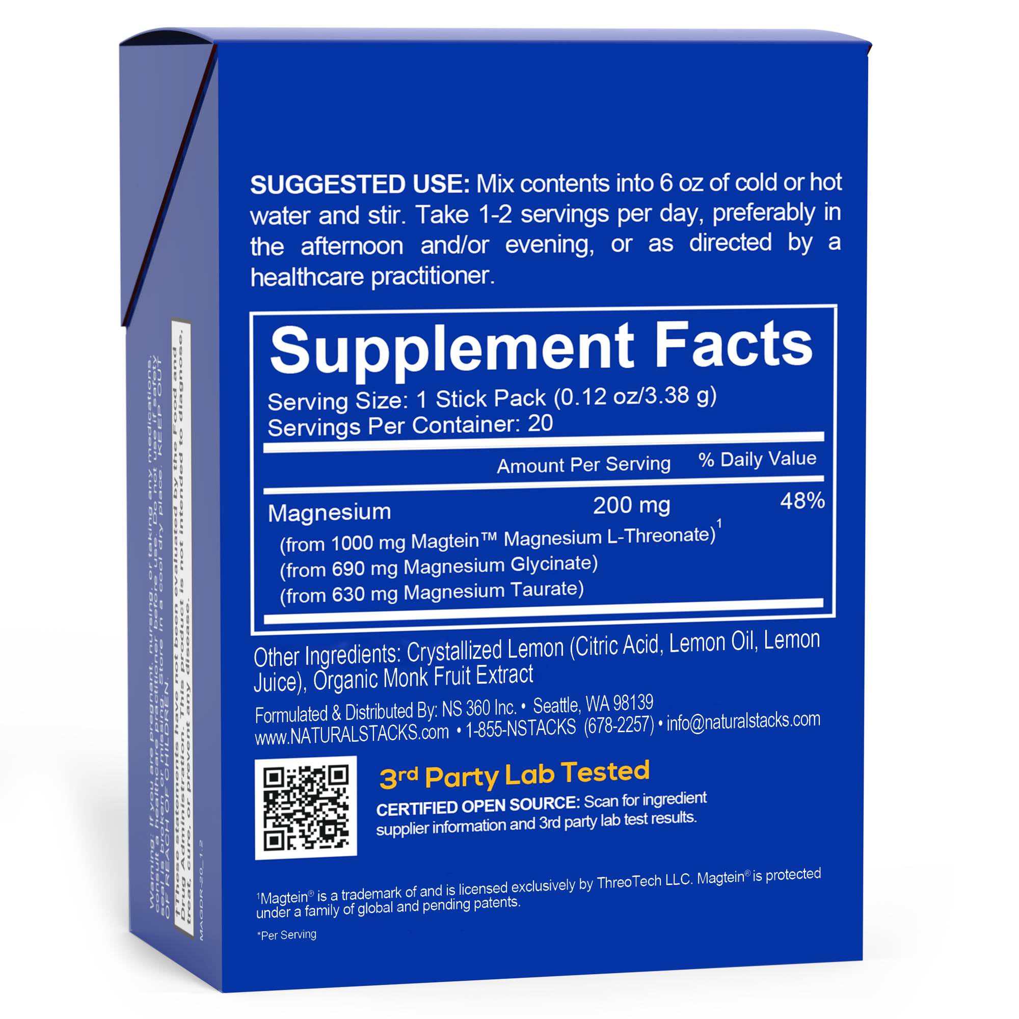 Magtech Magnesium Lemonade box positioned at an angle, showing the back of the box with supplement facts.