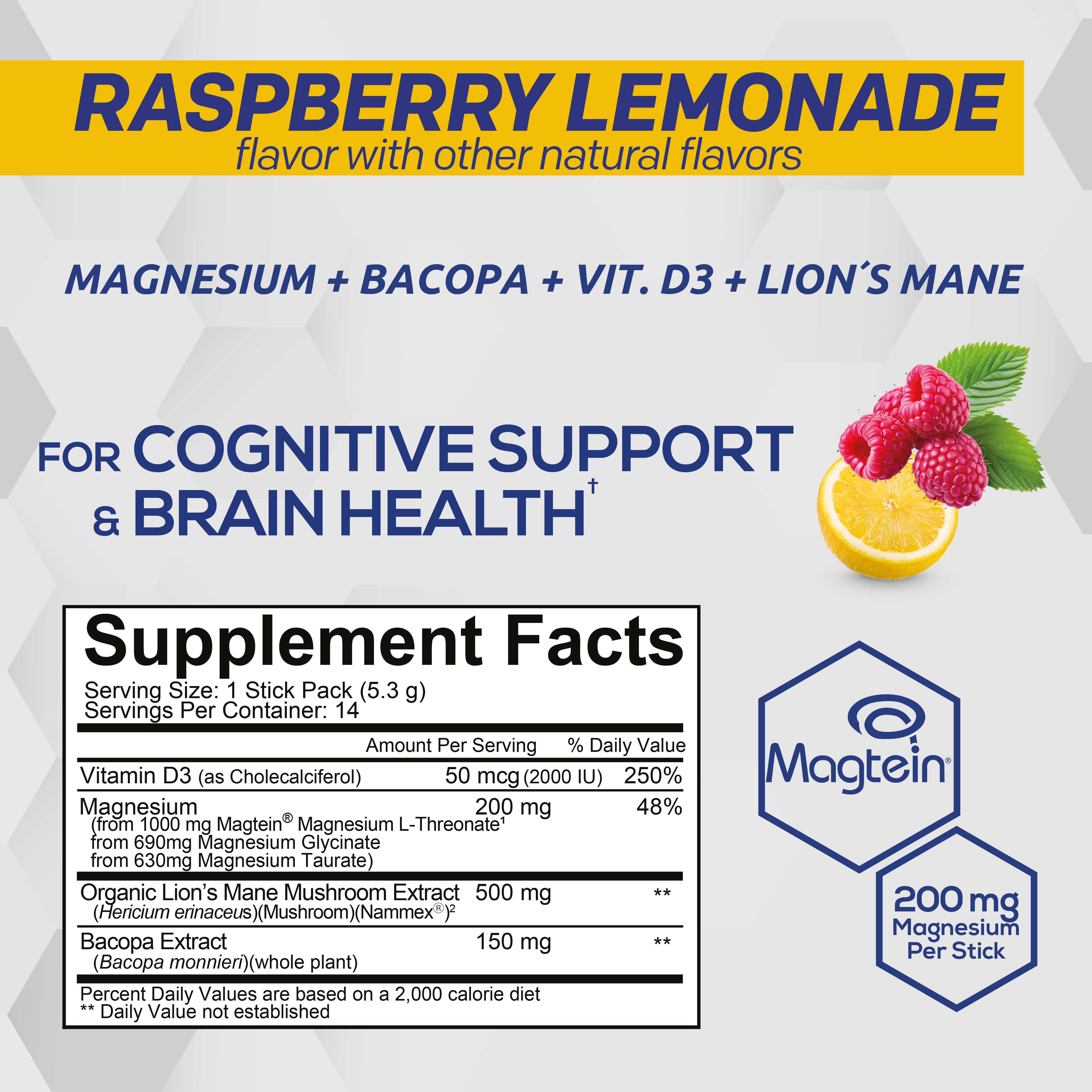 Supplement label for Raspberry Lemonade flavor with natural flavors, featuring ingredients and benefits on a white background.