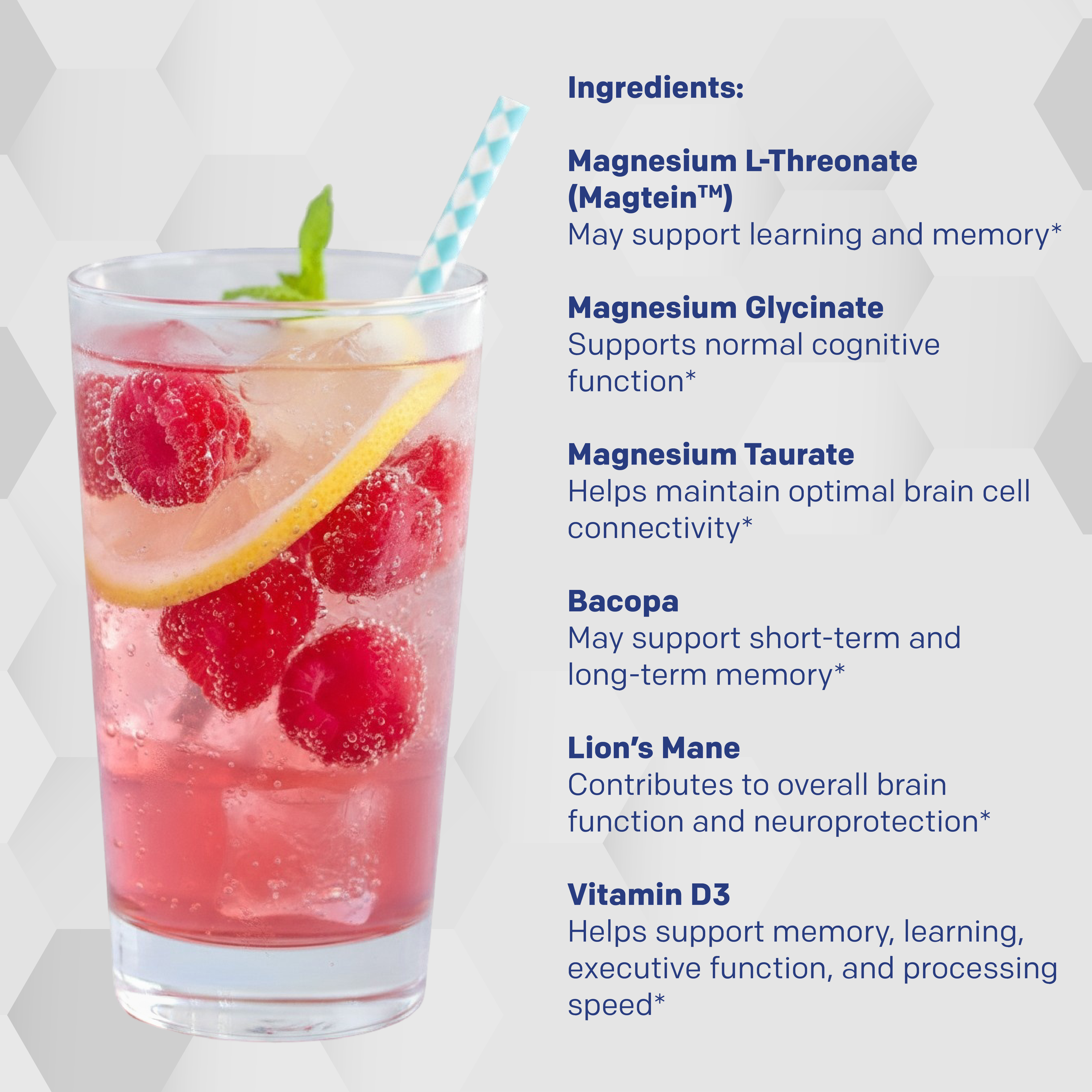 Glass of a pink drink with raspberries, lemon, and mint, featuring a list of ingredients on a white background.