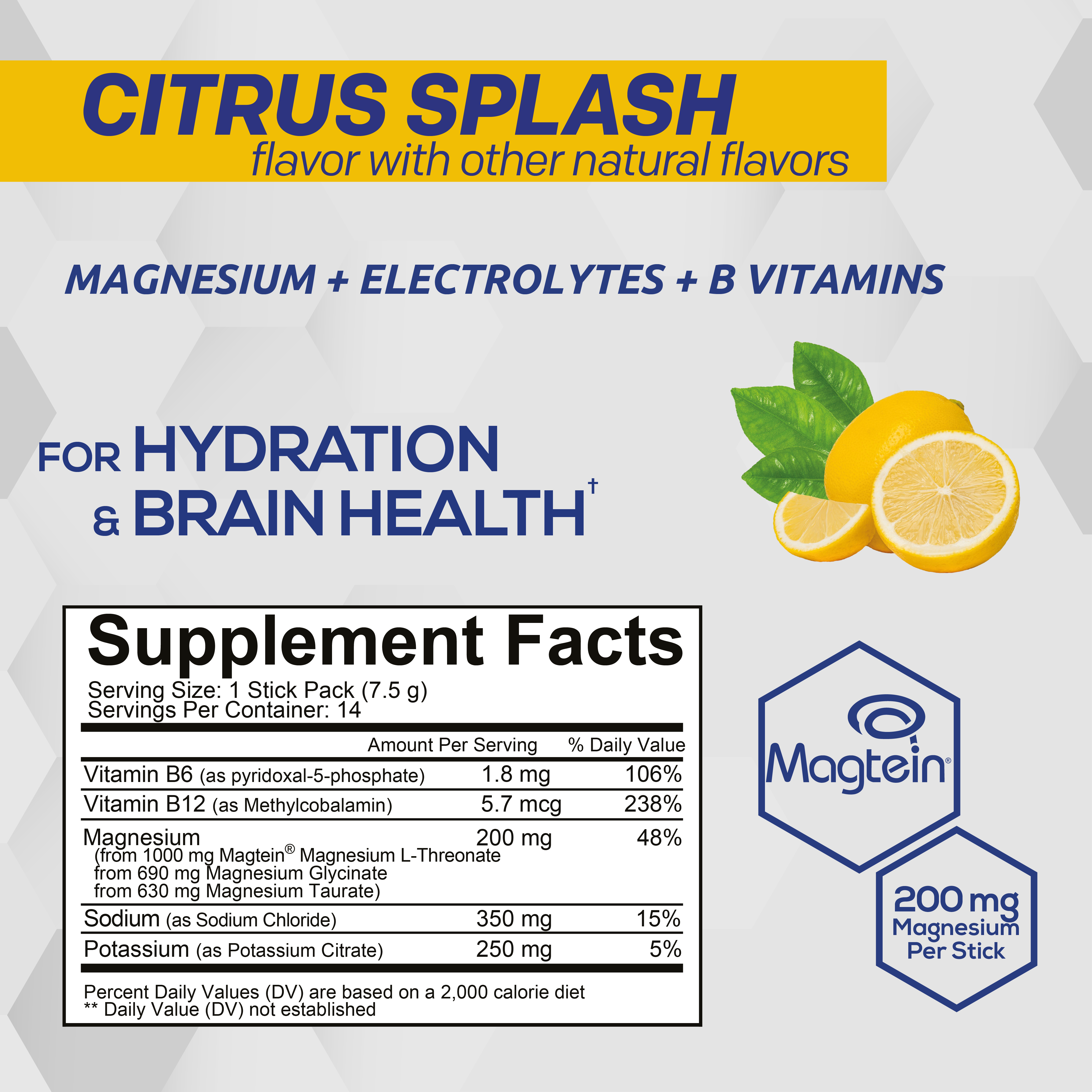 Supplement label for Magtein with citrus flavor, highlighting magnesium, electrolytes, and B vitamins for hydration and brain health.