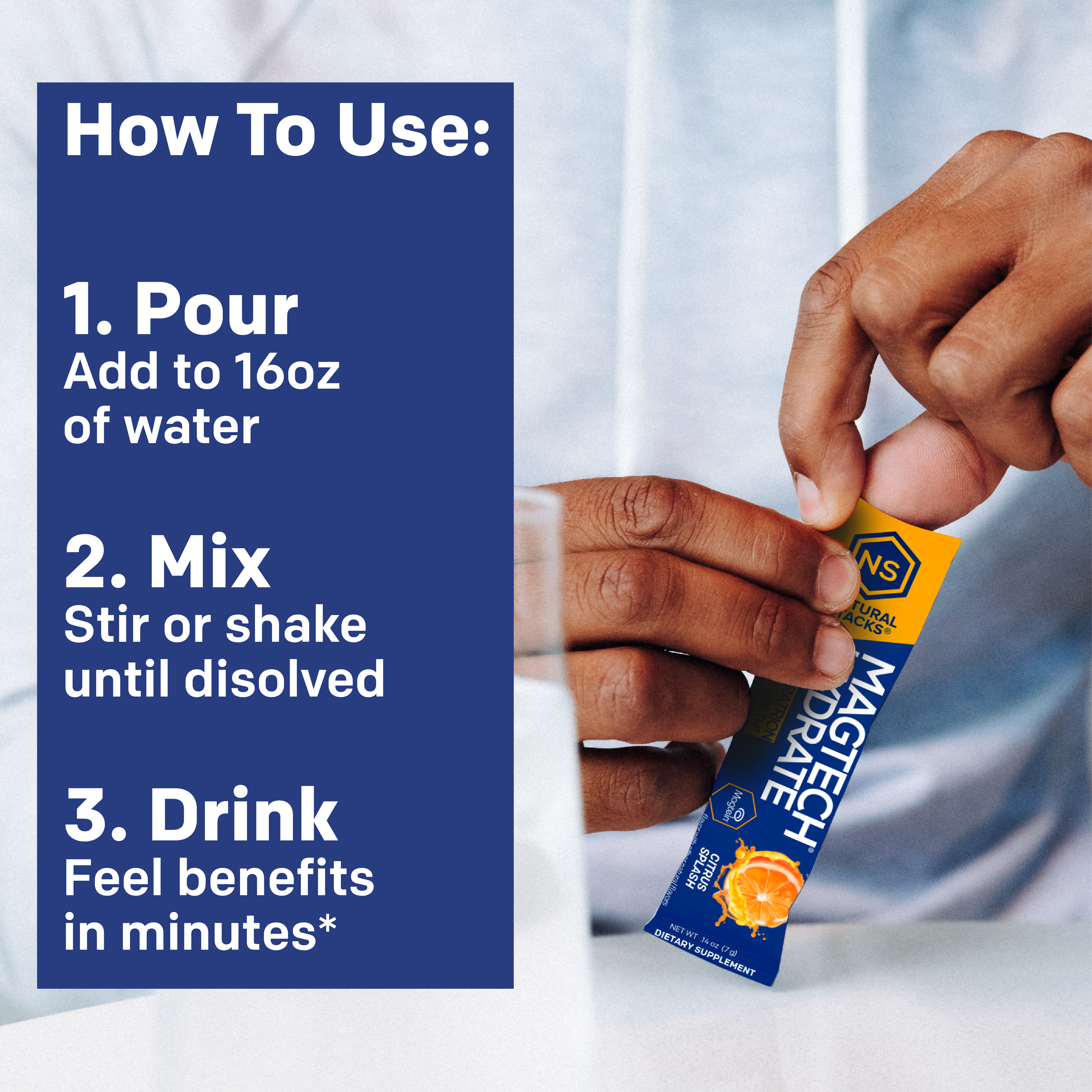 Nutra Science Max Energy drink mix packet with usage instructions on a blue background