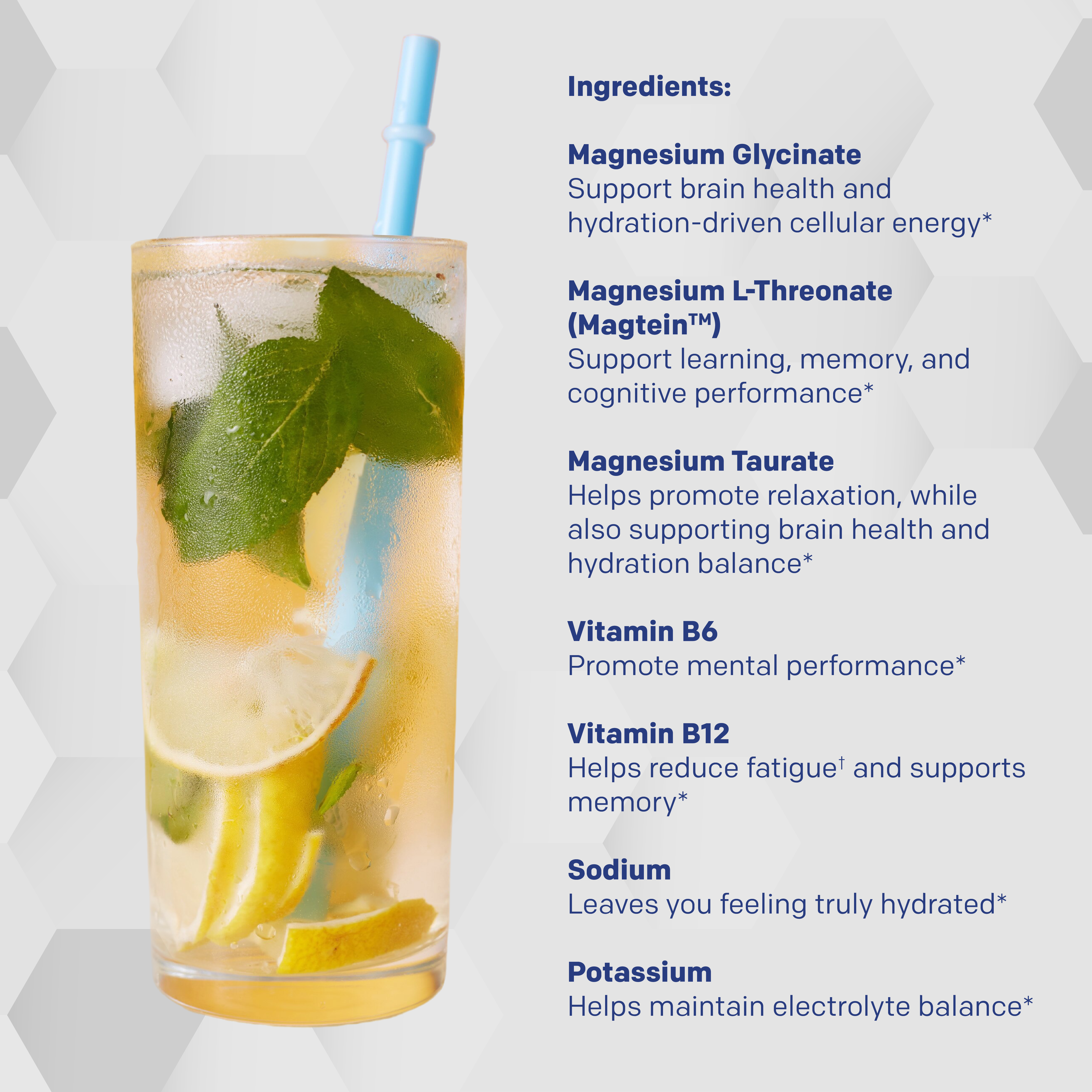 Glass of iced tea with lemon and mint leaves, featuring a blue straw on a light gray background with text about magnesium and vitamin benefits.