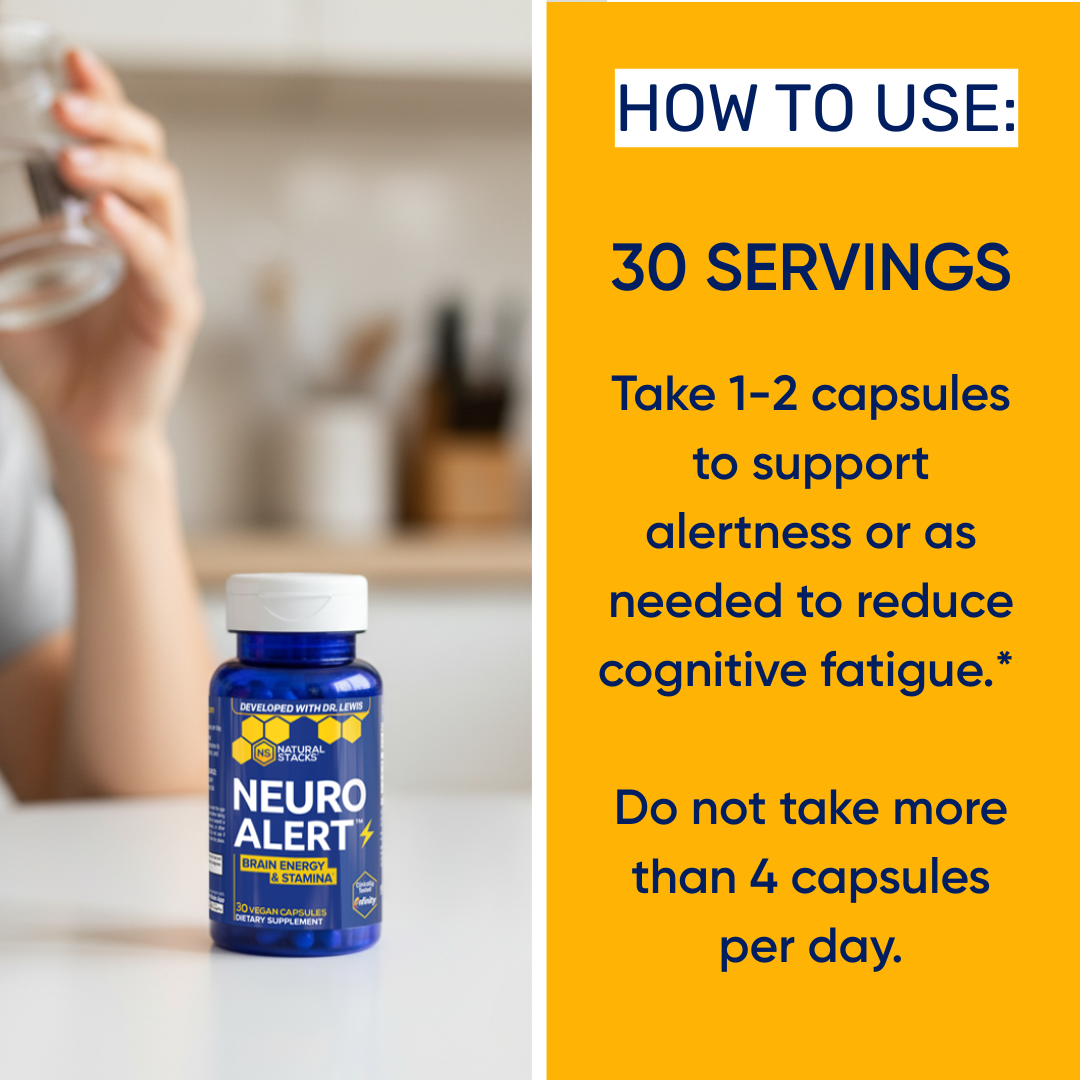 Neuro Alert supplement bottle with usage instructions on a kitchen counter