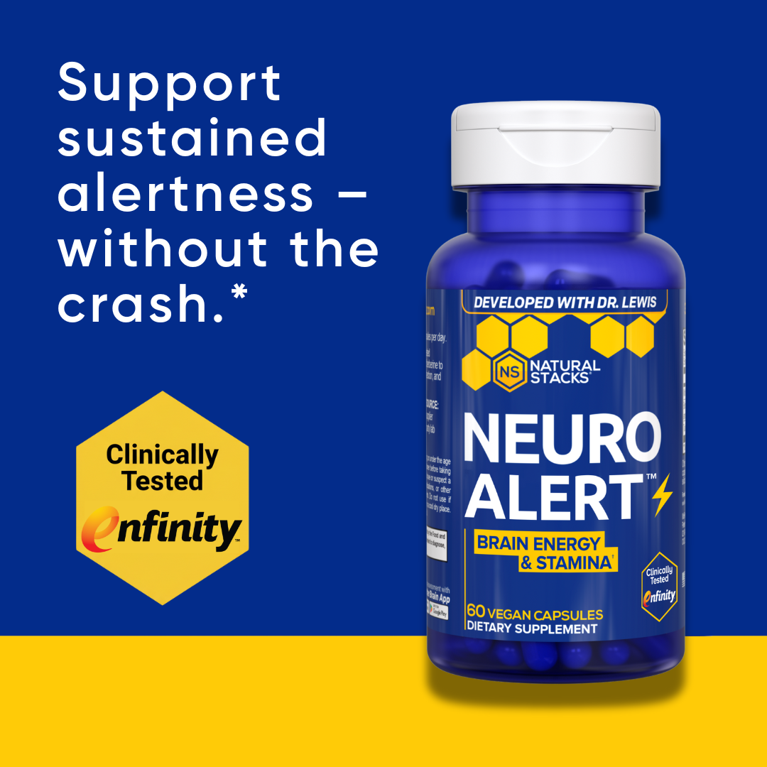 Neuro Alert supplement bottle with blue and yellow design on a blue and yellow background